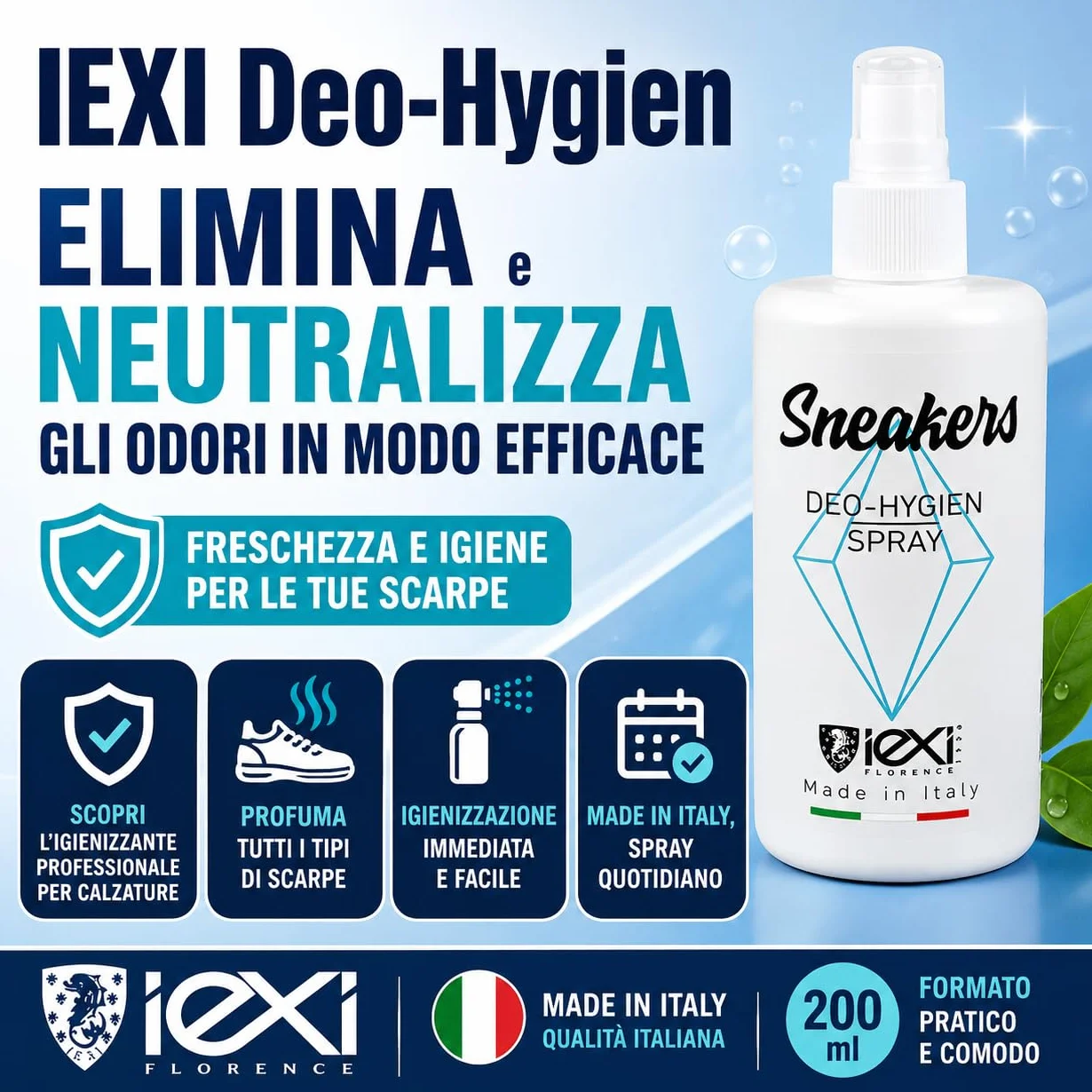 IEXI Deodorante Professionale per Scarpe Spray Elimina Odori 200 ml Made in Italy Igienizzante Calzature
