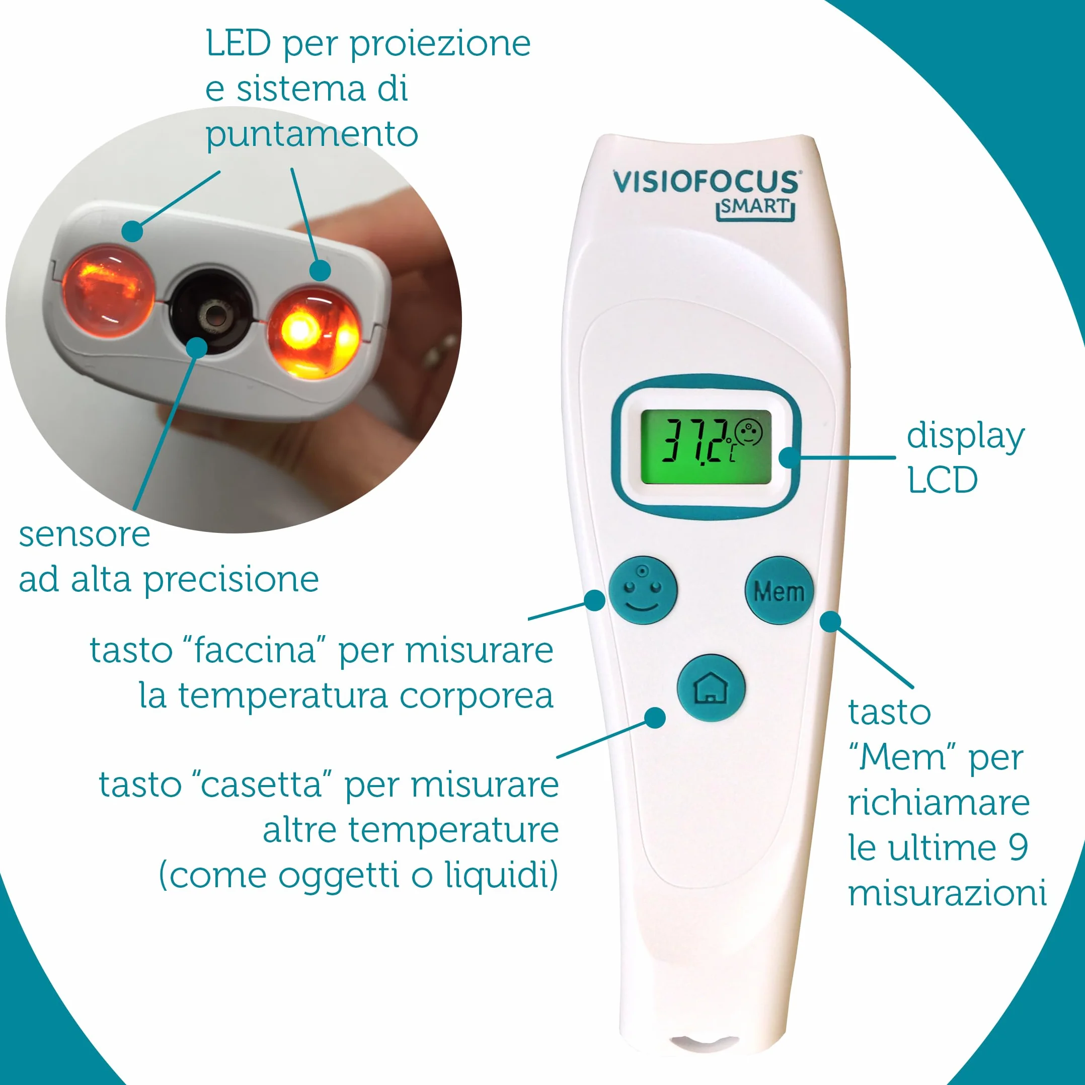 TECNIMED VisioFocus SMART 06470 Termometro febbre infrarossi a distanza medicale bambini adulti con Proiezione fronte Made in Italy