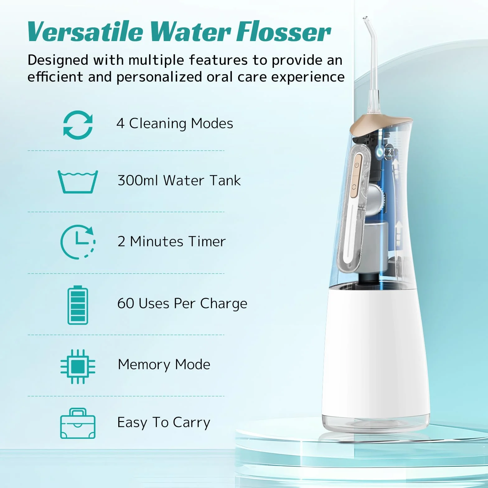 FlossJet Irrigatore Orale Portatile Professionale 300ML IPX7 Ricaricabile Bianco