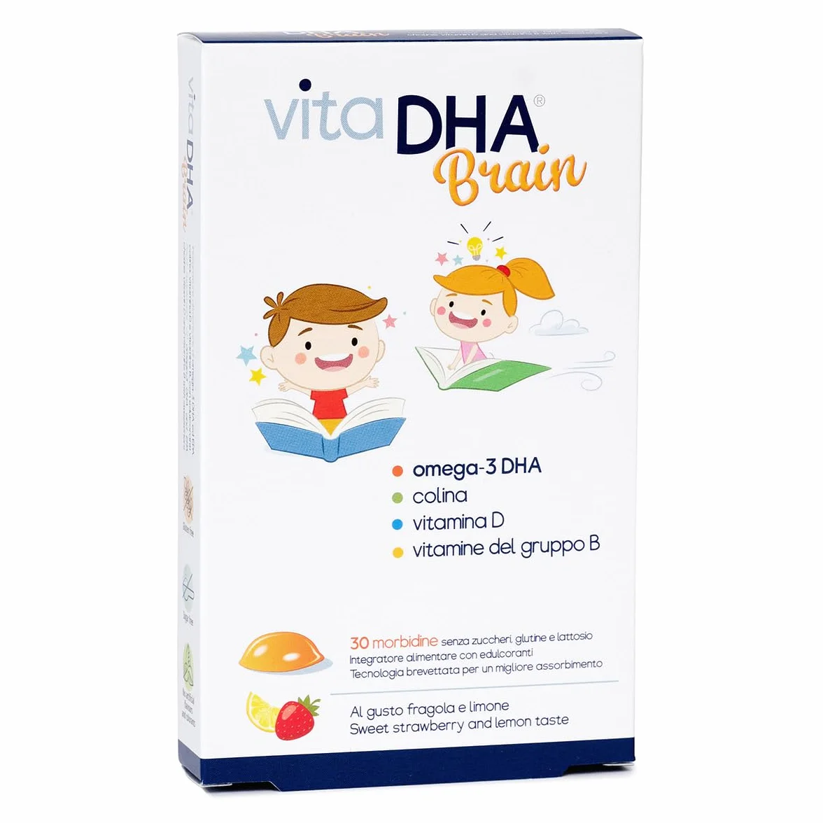 VitaDHA Brain Omega 3 Bambini 3+ Anni IFOS 5 Stelle 30 Jelly Morbide Gusto Fragola e Limone Vitamina D3 e B