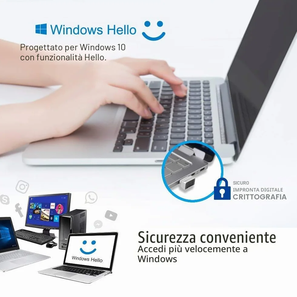 ARCANITE, Lettore di impronte digitali USB per Windows 11/10 Hello, dispositivo di sicurezza con sensore a 360 gradi, latenza 0,05 s