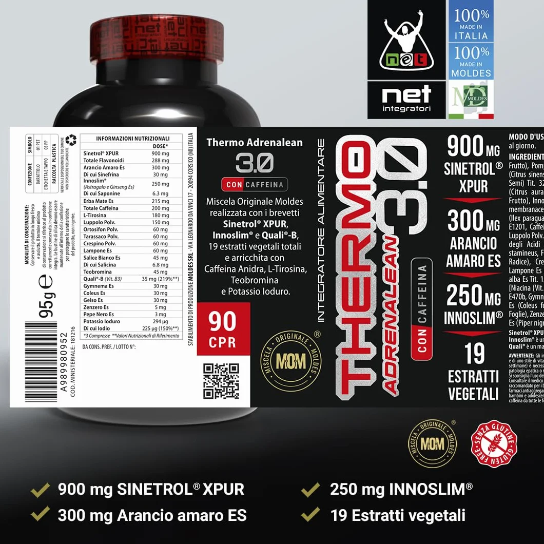 NET Integratori THERMO ADRENALEAN 3.0 con caffeina 90 cpr Integratore Termogenico Accelerare Metabolismo