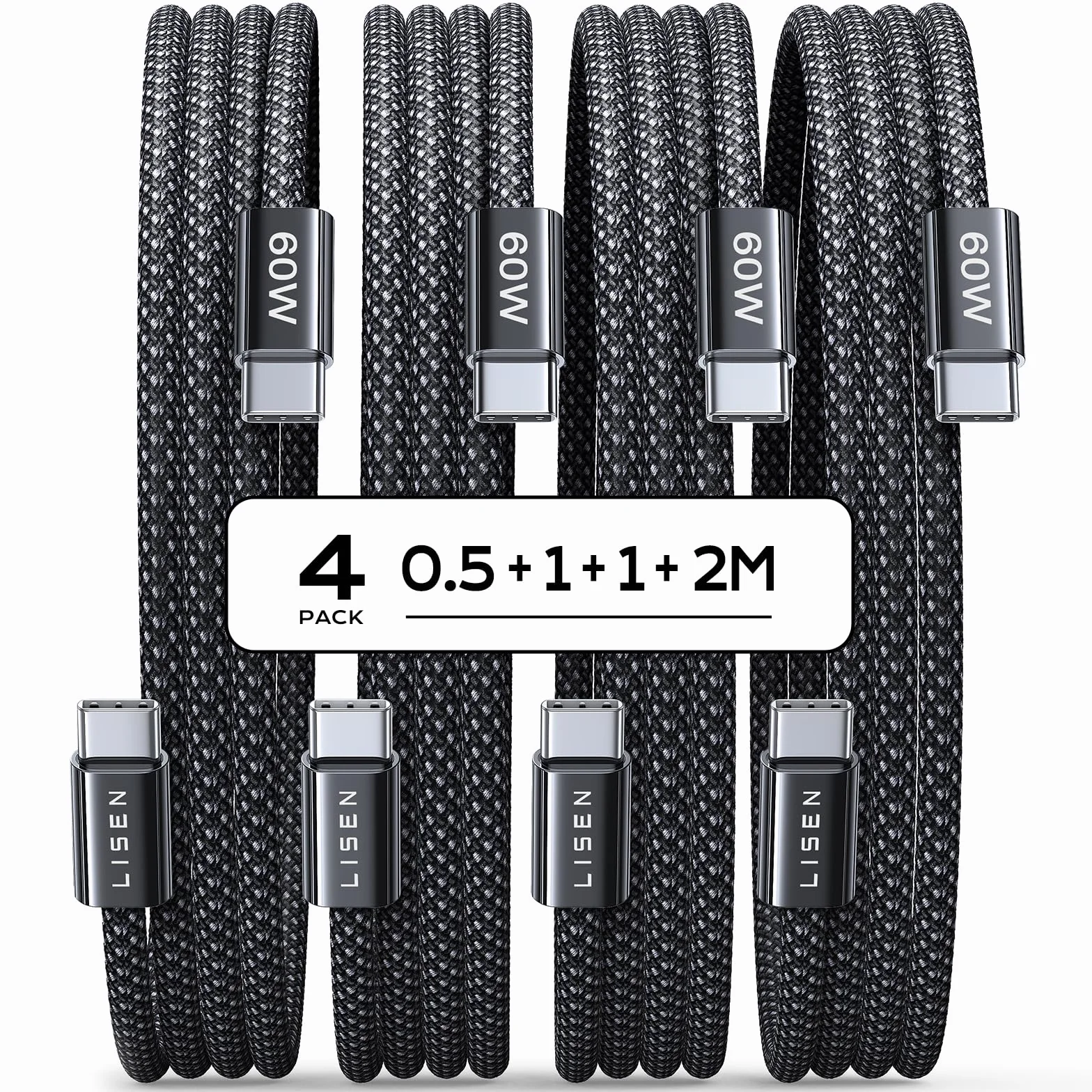 LISEN Cavo USB Type-C, 60W Cavo USB C, 4 Pezzi [0.5m+1m+1m+2m] Cavo USB Type-c Ricarica Rapida，Cavo USB C USB C, Cavo Type C to Type C per iPhone/Samsung/HUIWEI/OPPO/Xiaomi
