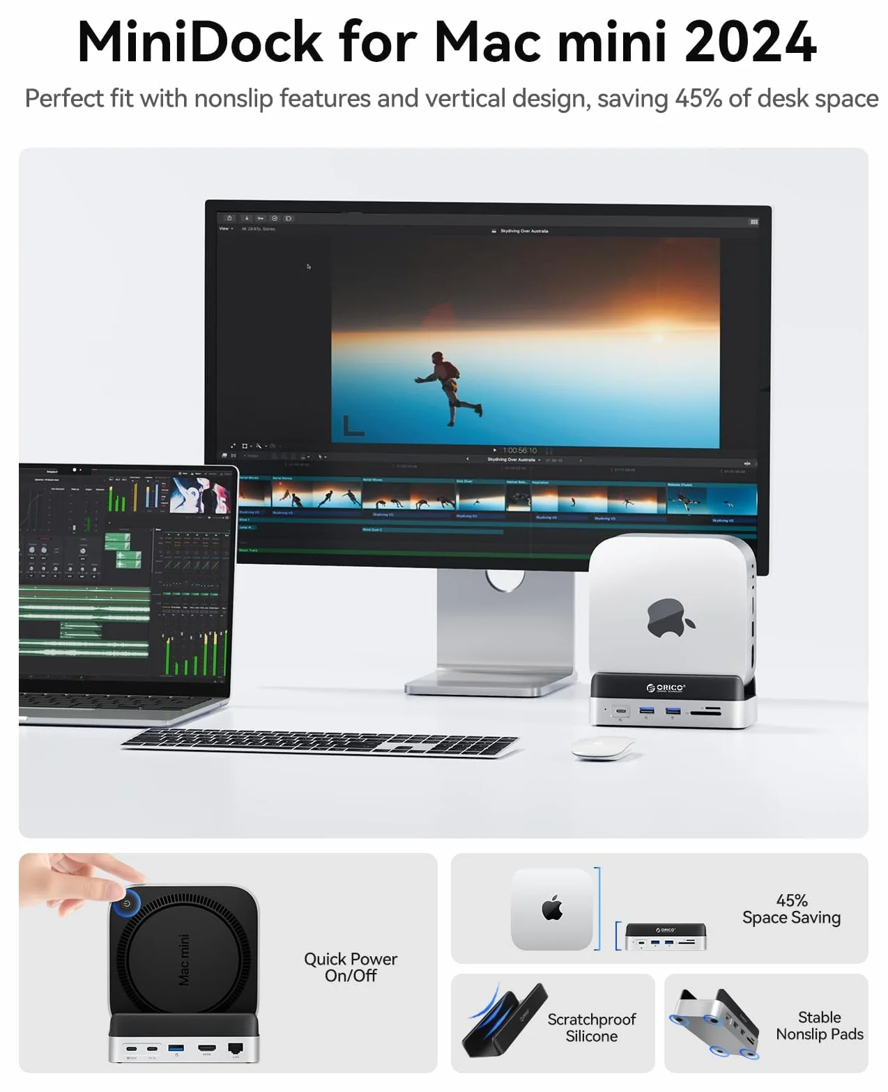 ORICO MiniDock Hub e Supporto per Mac mini M4/M4 Pro, con Alloggiamento SSD NVMe, Uscite HDMI 4K e DisplayPort, Lettore di Schede SD/TF 3.0, Porte USB‑C e USB‑A a 10 Gbps, Ricarica PD 100 W – VS10