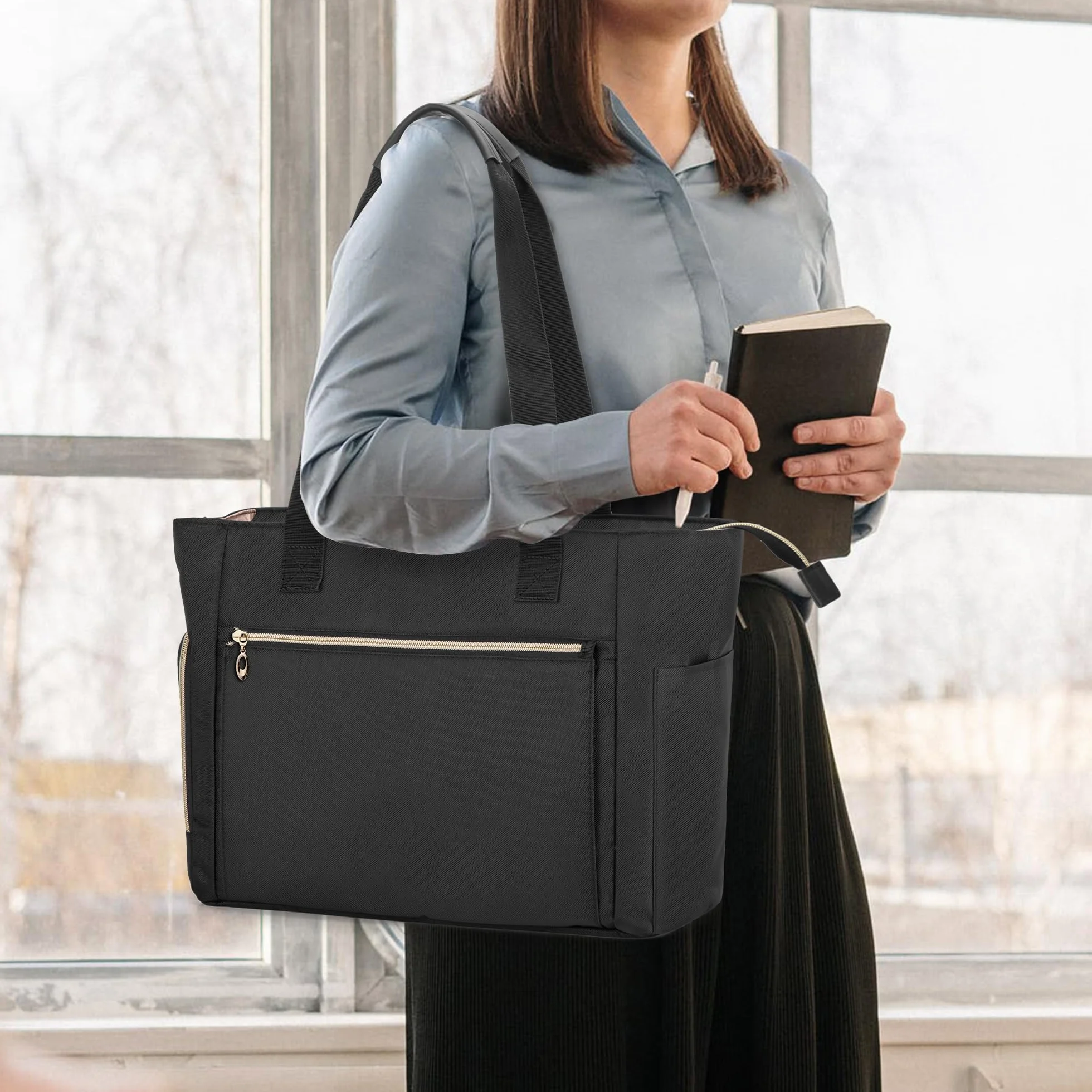 CURMIO Tote per Insegnante da Donna, Borsa da Lavoro Portatile con Custodia Imbottita e Scomparti per Laptop, Materiale Scolastico, Solo Borsa, Nero.