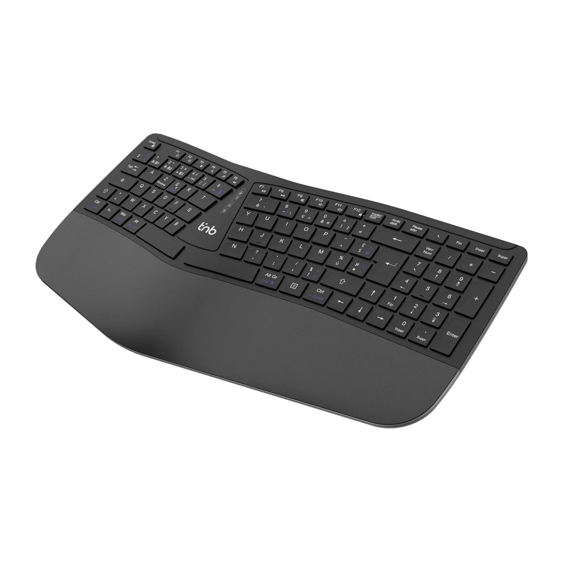 T'nB Ergo Key Pro - Tastiera ergonomica senza fili, doppia connessione | Bluetooth e 2,4 GHz, Poggiapolsi in finta pelle, AZERTY francese, Windows e macOS, nero