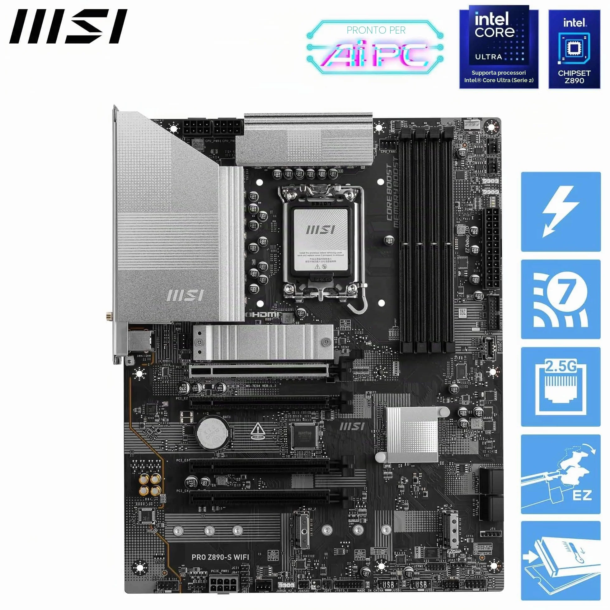 MSI PRO Z890-S WIFI Scheda Madre, ATX - Supporta i processori Intel Core Ultra (Serie 2), LGA 1851 - Memory Boost DDR5 (8600+ MT/s OC), PCIe 5.0 x16 e 4.0 x16, M.2 Gen5, Wi-Fi 7, LAN 2.5G