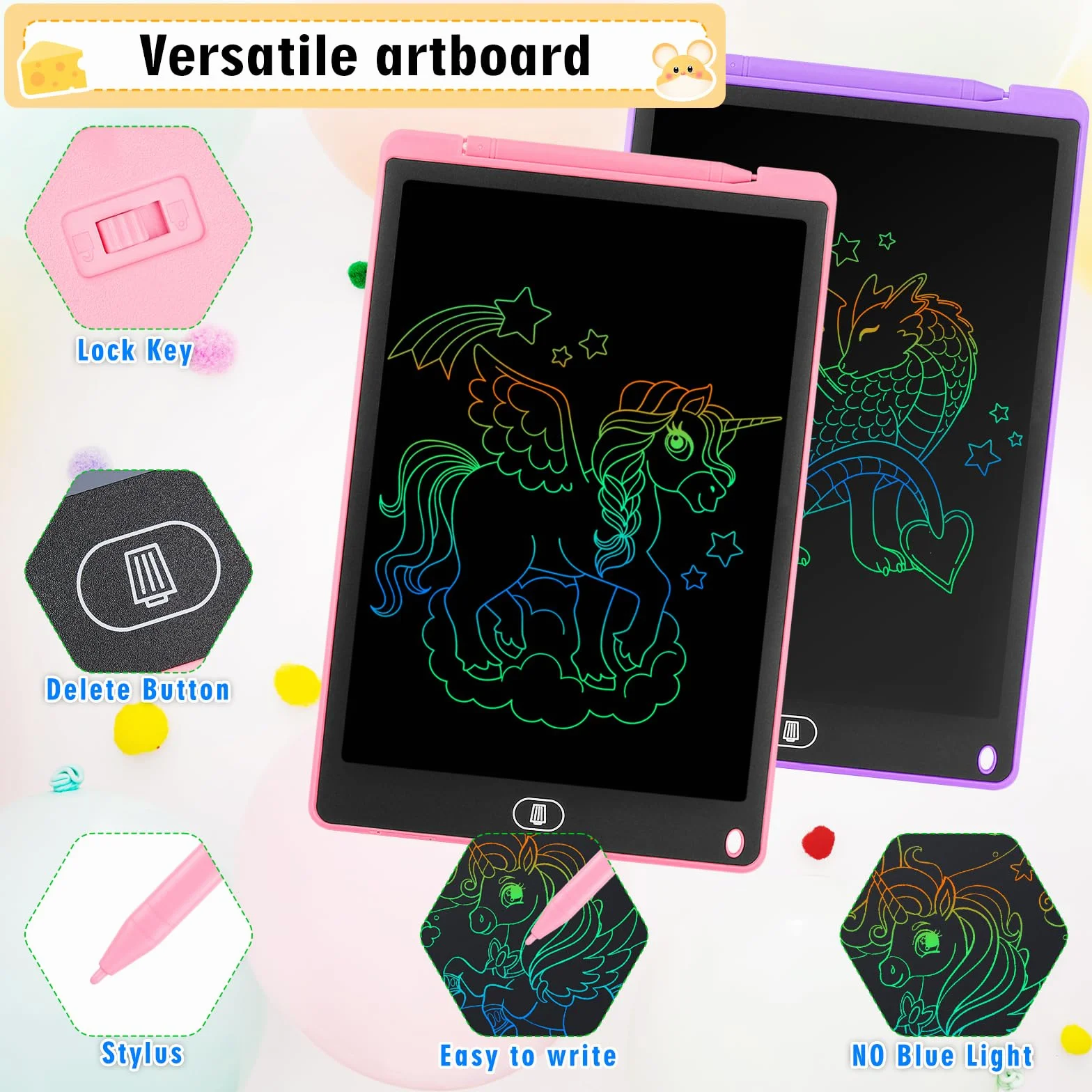 Tavoletta Grafica LCD 13 Pollici Schermo Colorato per Bambini, Taccuino Cancellabile con Adesivi Animali, Rosa e Viola, 2 Pezzi