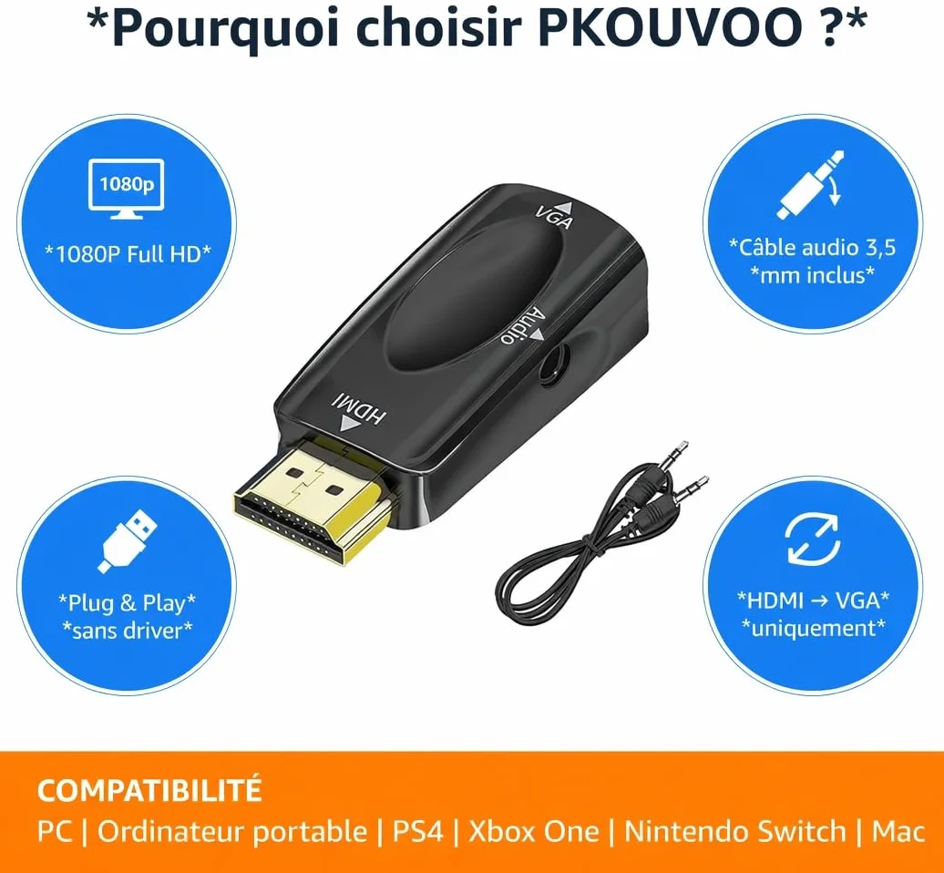 Adattatore HDMI a VGA, Connettore HDMI a Presa Vga con 3,5 mm Audio Jack Cavo Adattatore HDMI maschio a VGA Femmina per Proiettori TV Computer Portatili Notebooks