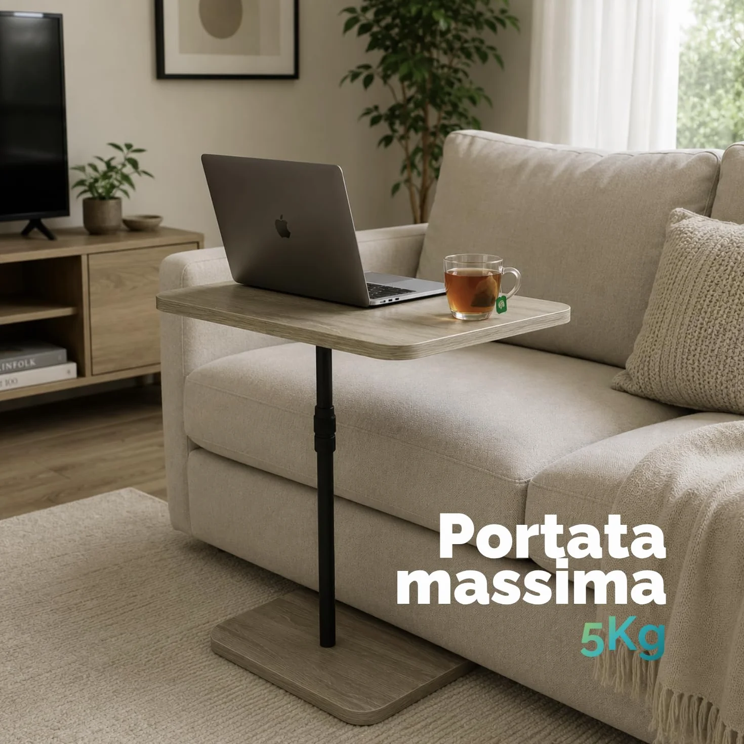 PALUPLUS Tavolino per Divano in Legno MDF, Misura 45x29 cm e Altezza Regolabile 48-80 cm, Tavolo da studio, Lavoro, Supporto per Laptop, Tavolo Servipranzo Letto, Supporto per Pc -9192F -3,4