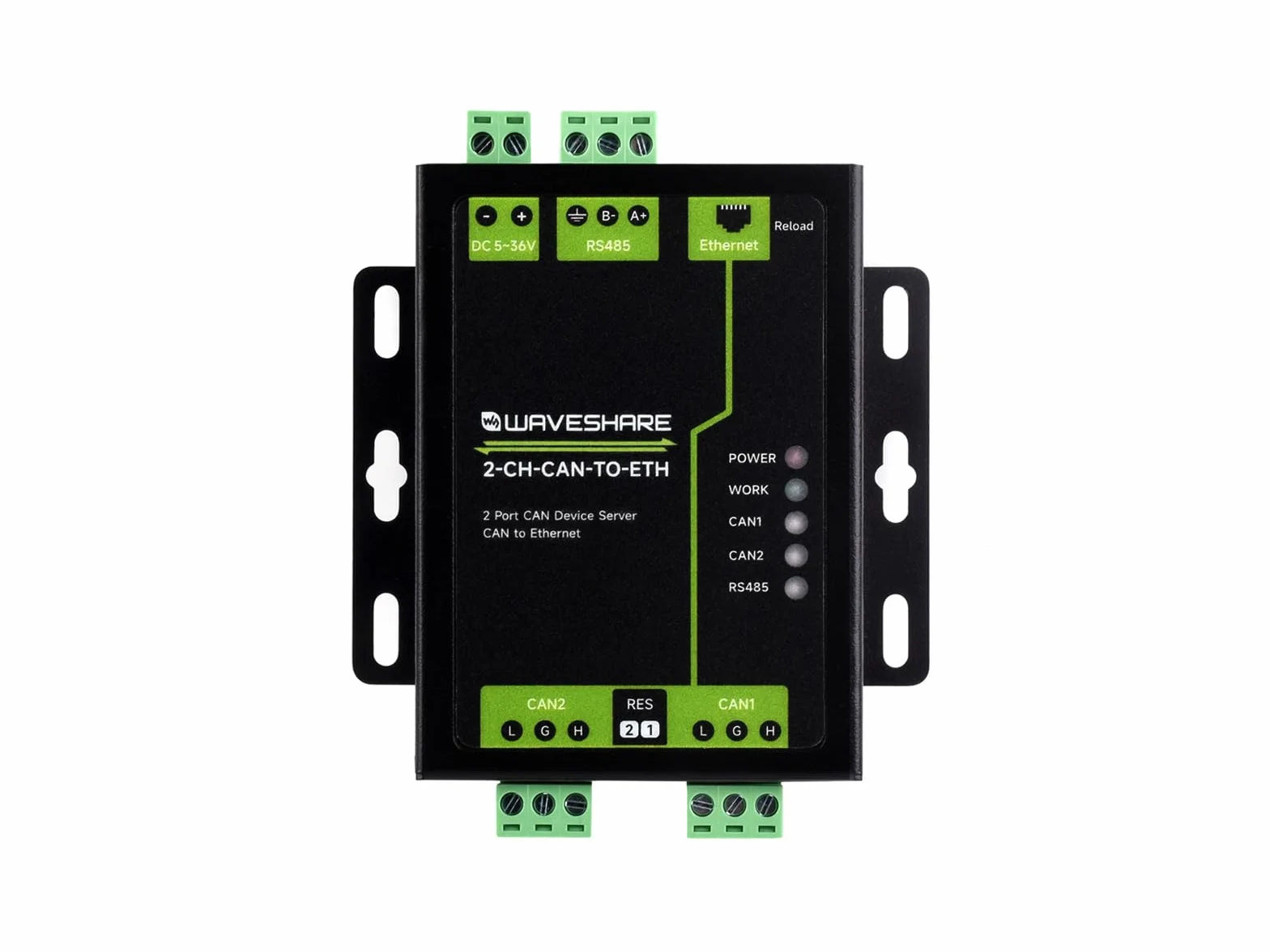 Waveshare Industrial Grade 2-Ch CAN to Ethernet Server, 2-Ch CAN + RS485 + Ethernet Port, Aluminium Alloy Case
