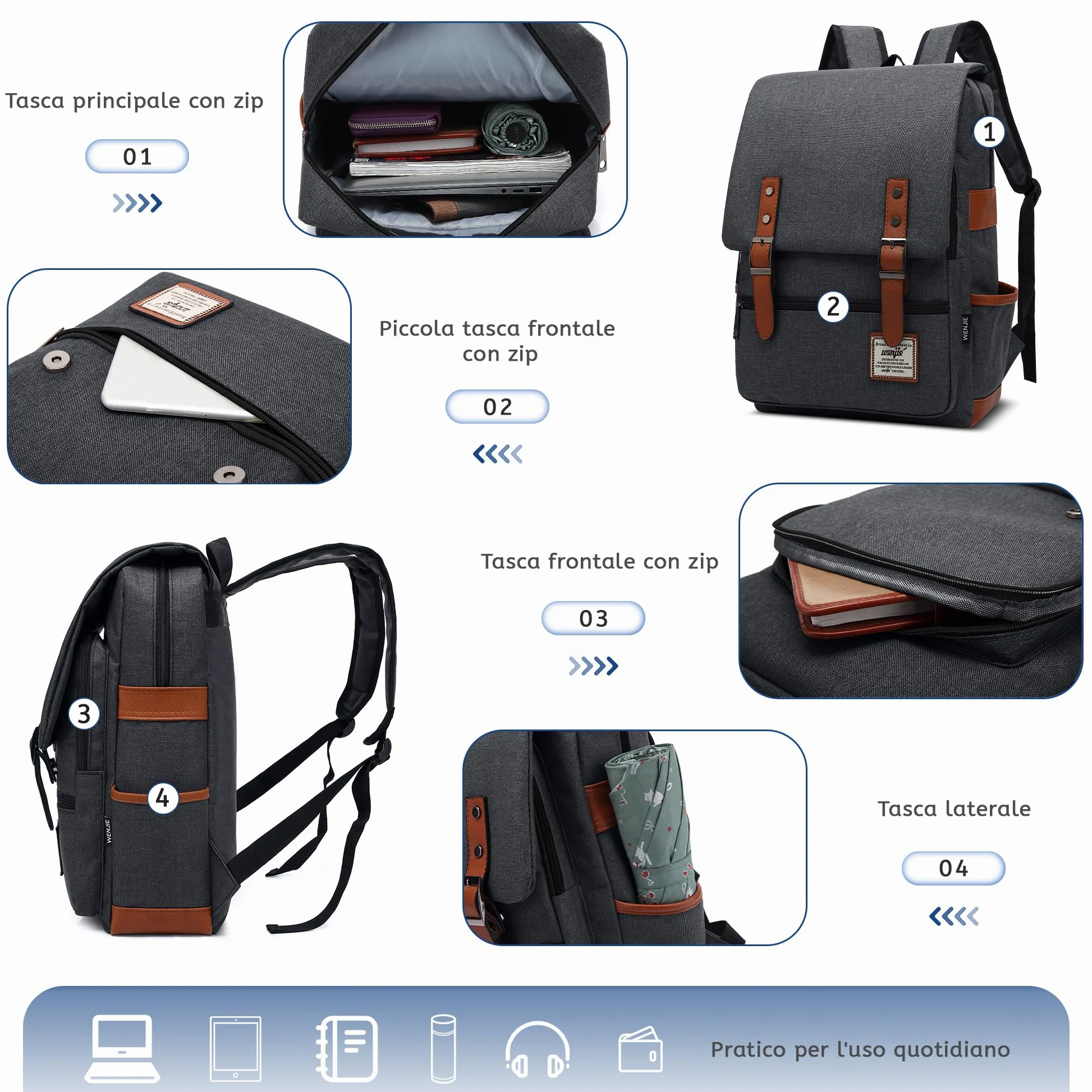 VARLIVOO Casuale Uomo Zaino Donna Zainetto 14" Laptop Borse Lavoro Viaggio Scuola Università Campeggio Antifurto Zaino Impermeabile Polyester Grigio Scuro