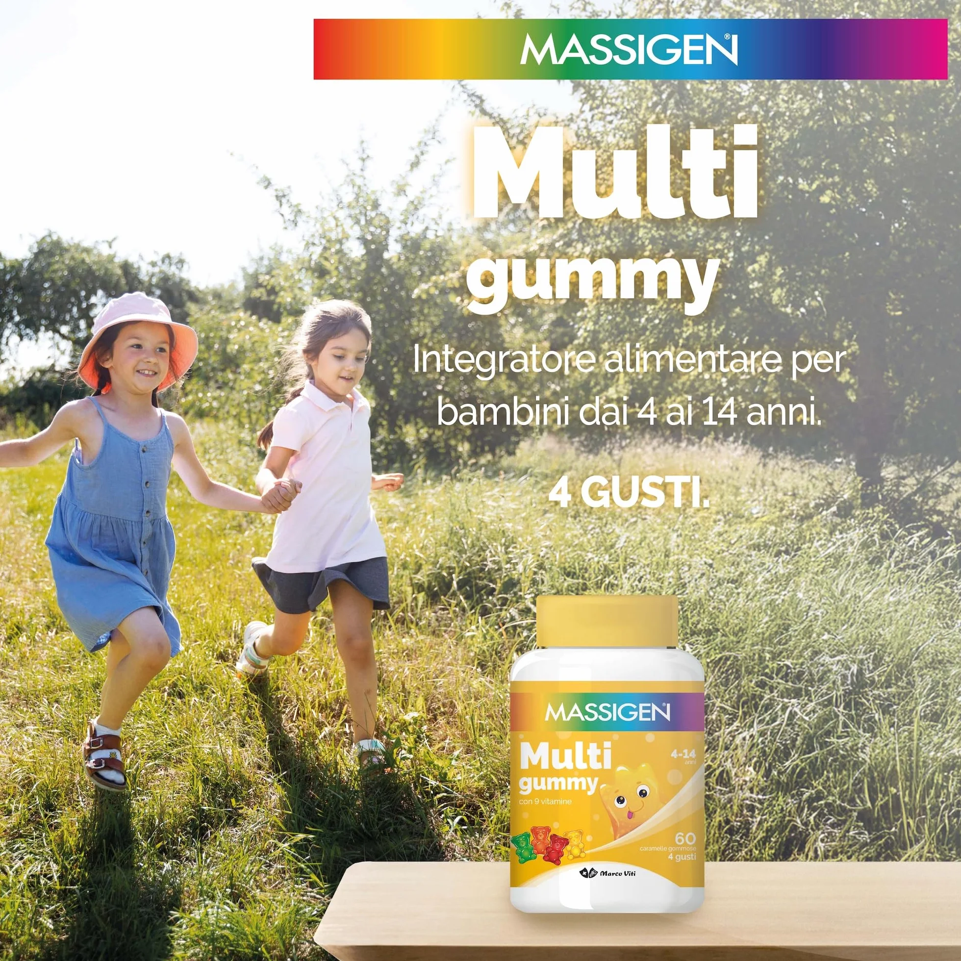 Massigen Multi Gummy Multivitaminico Bambini 4-14 Anni 60 Caramelle Vitamine A C E D B6 B12 Acido Folico Senza Glutine Lattosio