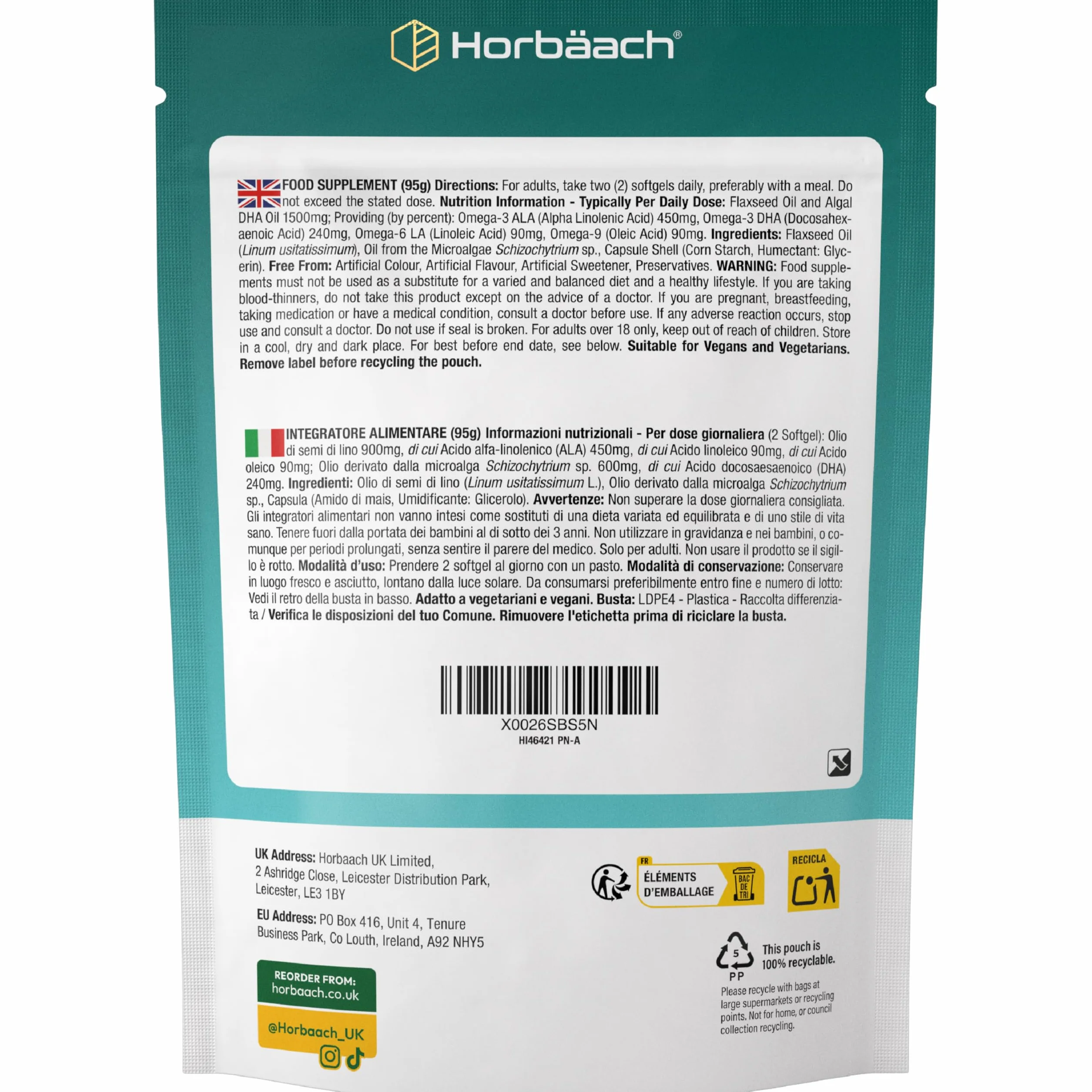 Omega 3 6 9 Vegan 1500mg 90 Capsule Integratore Alimentare con Acidi Grassi ALA DHA Horbaach