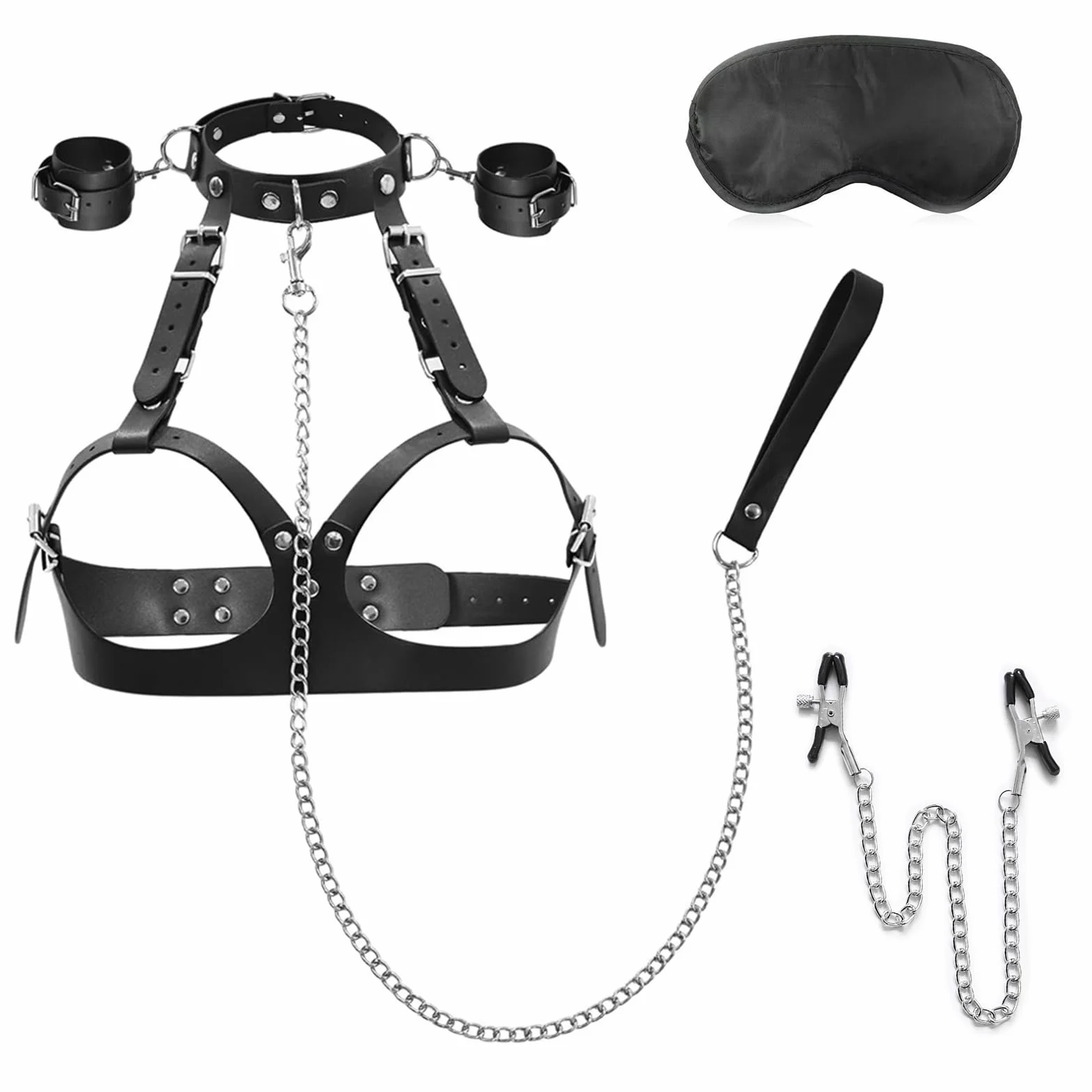 Set BDSM 6w1 Bondage Sessuale Sex Toys Manette Imbracatura Gotica Reggiseno Choker Morsetti Capezzoli Maschera Occhi