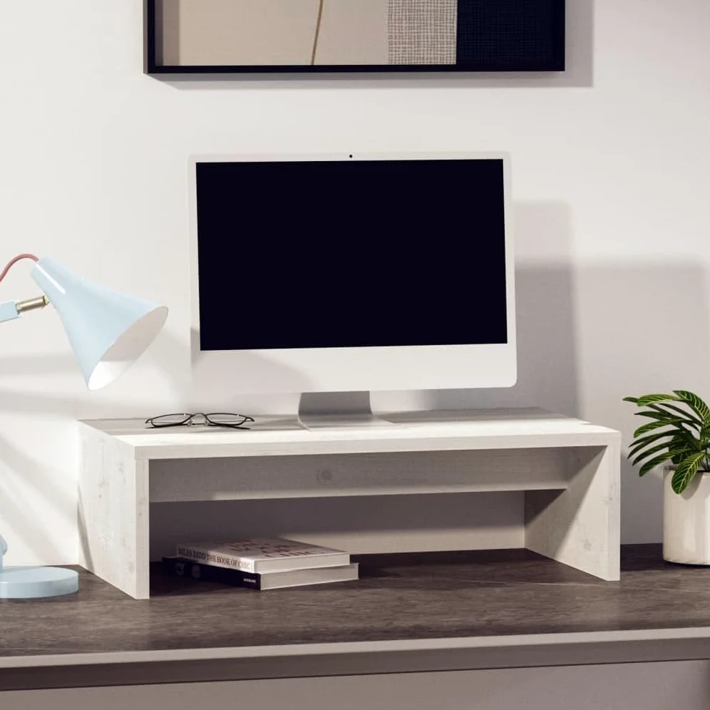 Supporto per monitor bianco, 50 x 27 x 15 cm, in legno di pino massiccio, rialzo per monitor per ufficio e scrivania, supporto ergonomico per monitor