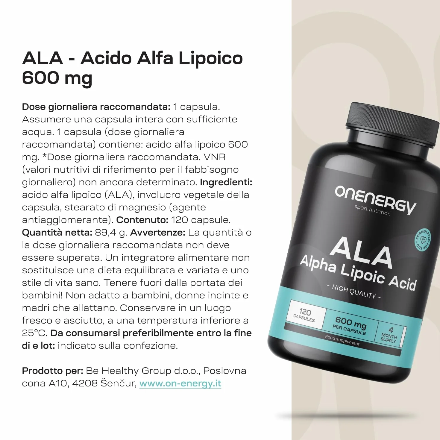 Acido Alfa Lipoico 600 mg 120 Capsule Vegetali Alto dosaggio