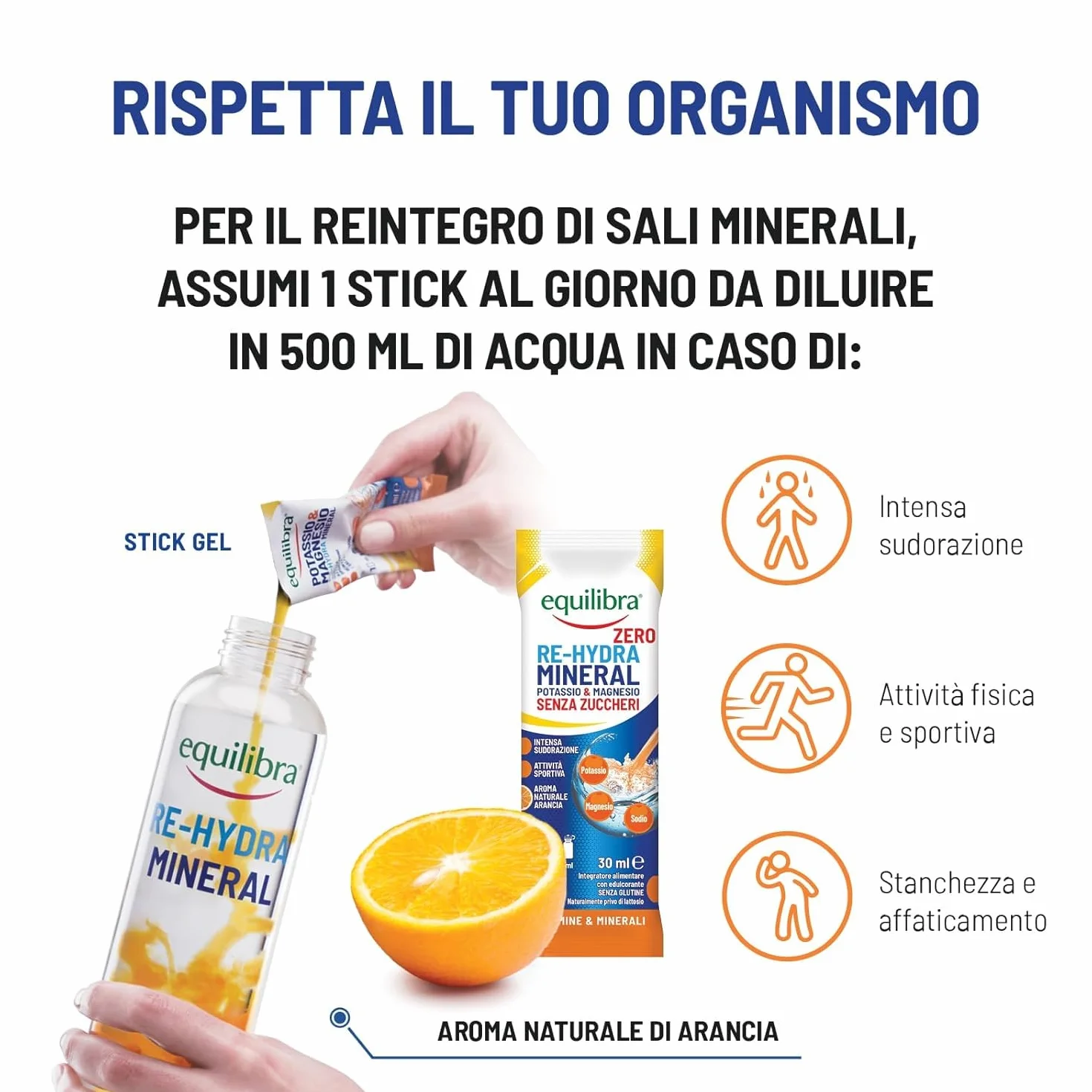 Equilibra Potassio e Magnesio Integratore Re-Hydra Mineral Zero 12 Stick Gusto Arancia Senza Zuccheri