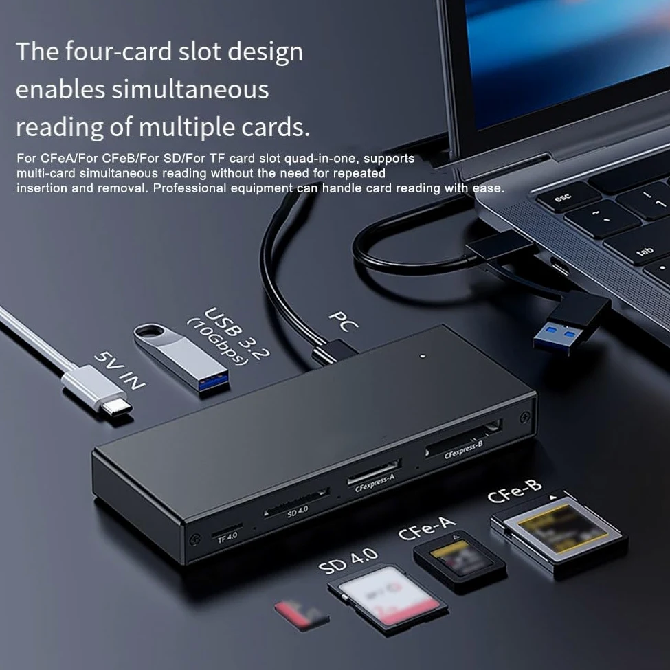 Lettore di schede in alluminio 5x USB 3.2 per fotocamera per sd alluminio | Supporta CFeA, CFeB, per SD, TF, USB 3.2, velocità 10 Gbps e play, nessun driver necessario