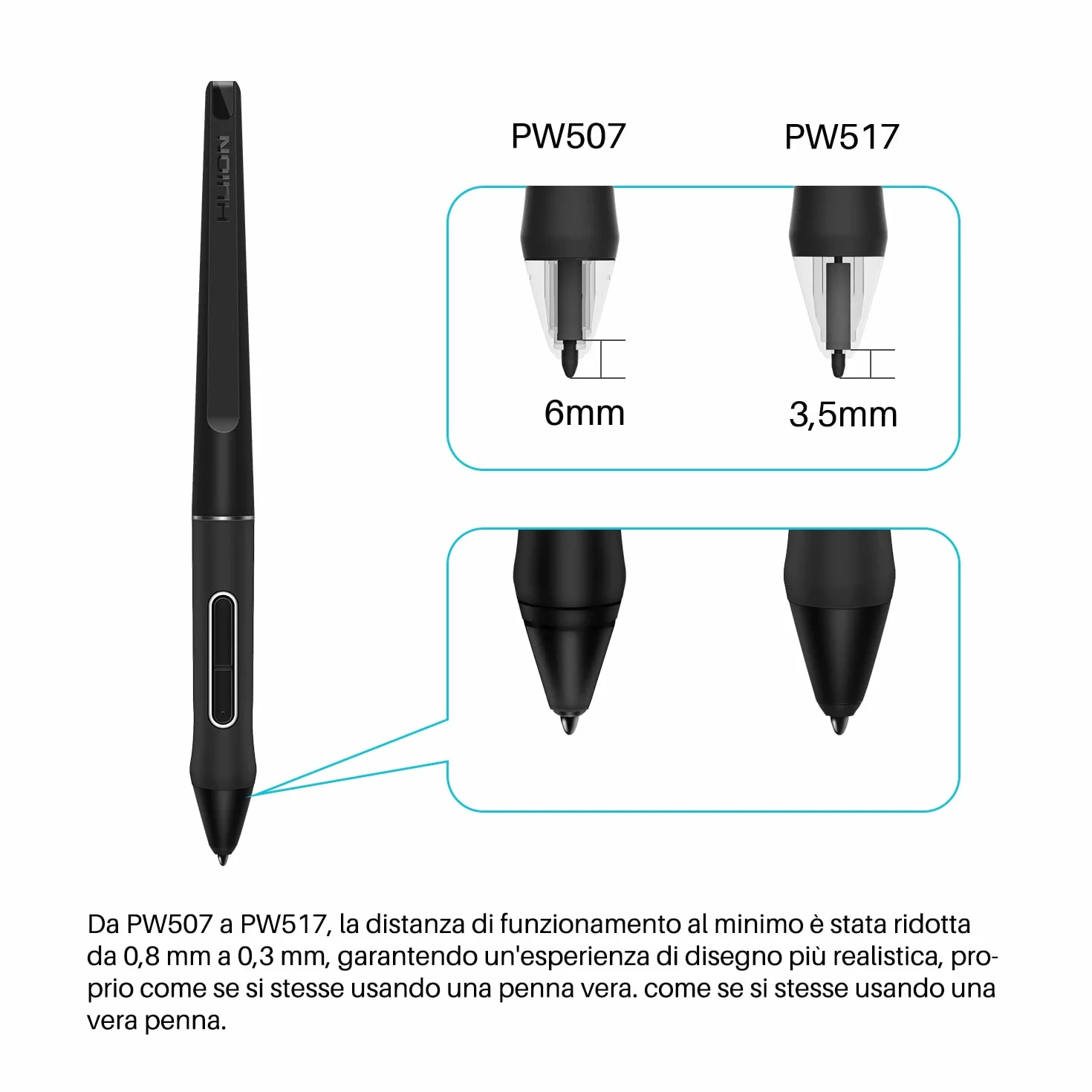 HUION PW517 Penna Pentech 3.0 Senza Batteria, Compatibile con Kamvas 12/13/16, Kamvas 22 serie/24 serie, Kamvas Pro 2.5K serie/4K serie e KD200/G930L/Dial 2 Tavoletta Grafica