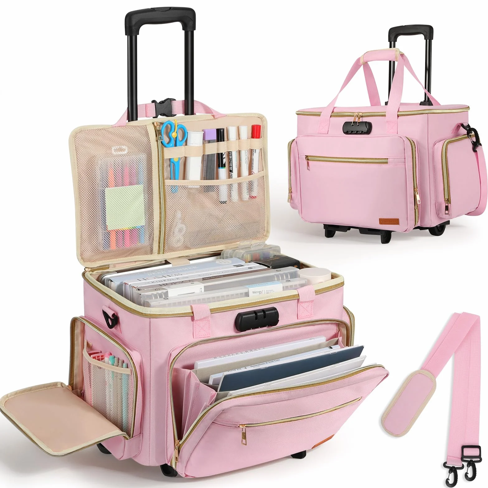 Housolution Borsa Insegnante con Ruotata, Borsa Tote con Trolley Staccabile, Valigetta Lavoro con Ruote per Laptop, Carrello Portadocument Organizer a Fisarmonica, Adatta per Laptop da con 15,6", Rosa