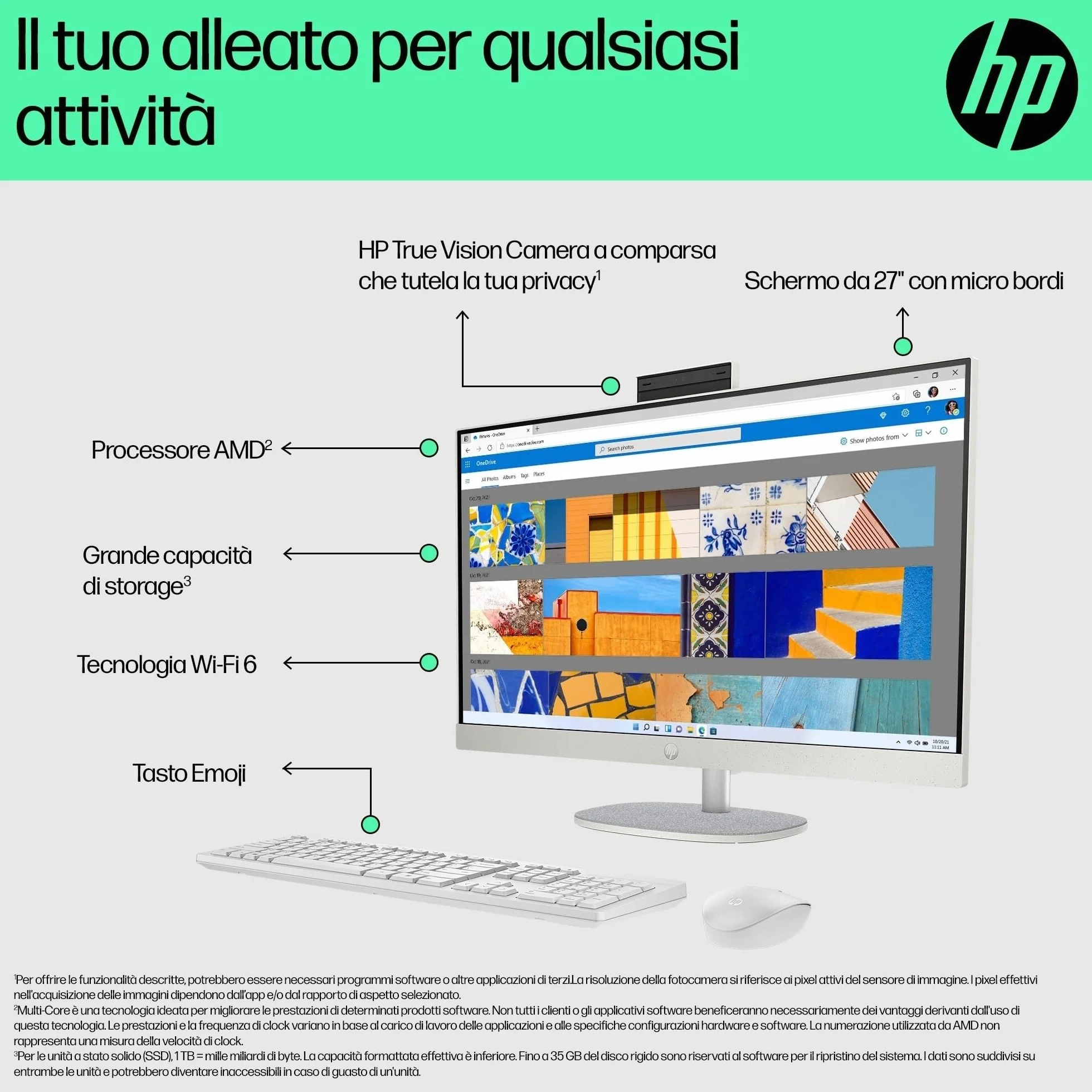 HP 27-cr0011sl All-in-One PC 27" IPS FHD Non Touch AMD Ryzen 5 7520U 16GB RAM 512GB SSD Windows 11 Desktop Bianco