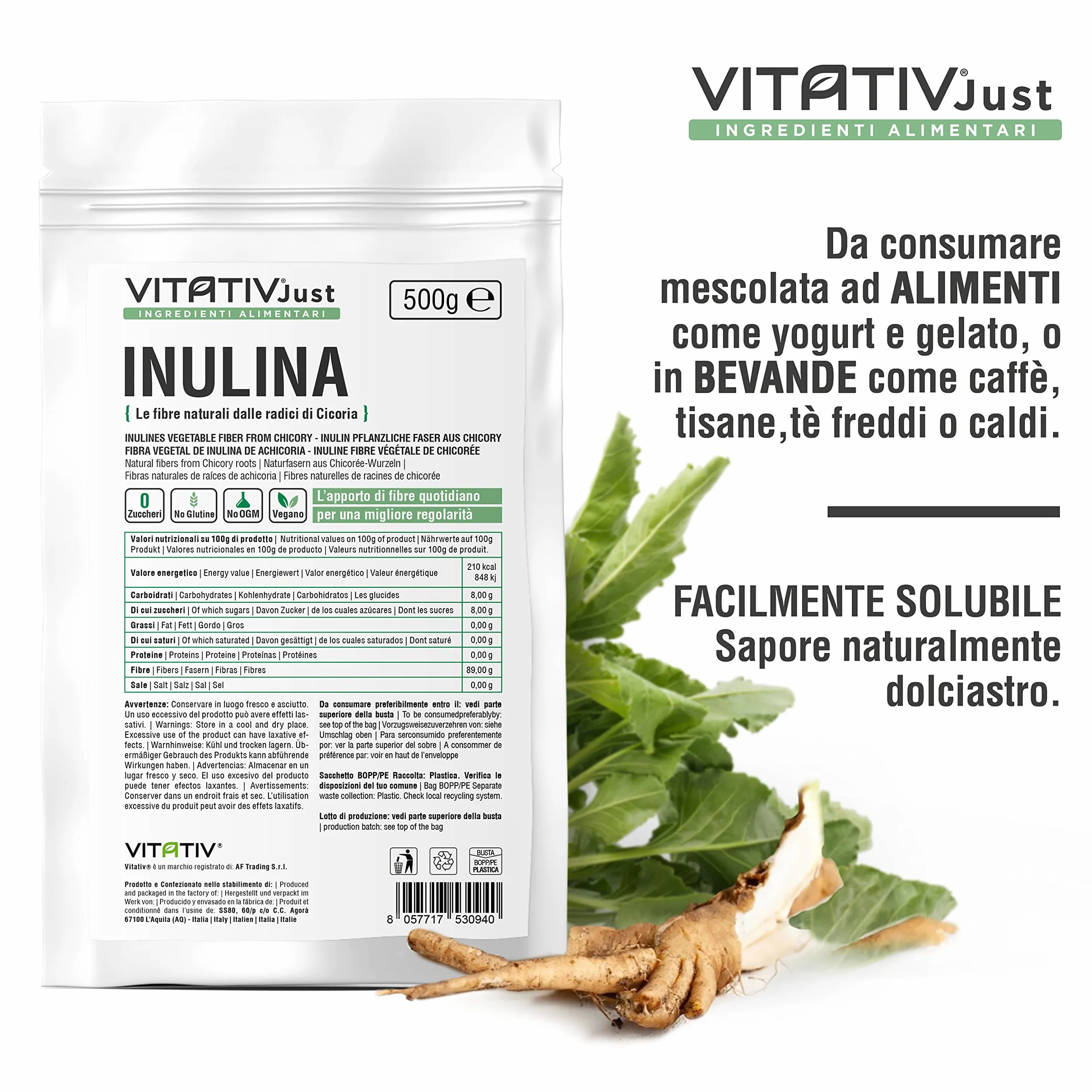 VITATIV Inulina da Cicoria in Polvere Pura 500g Fibra Vegetale Prebiotica