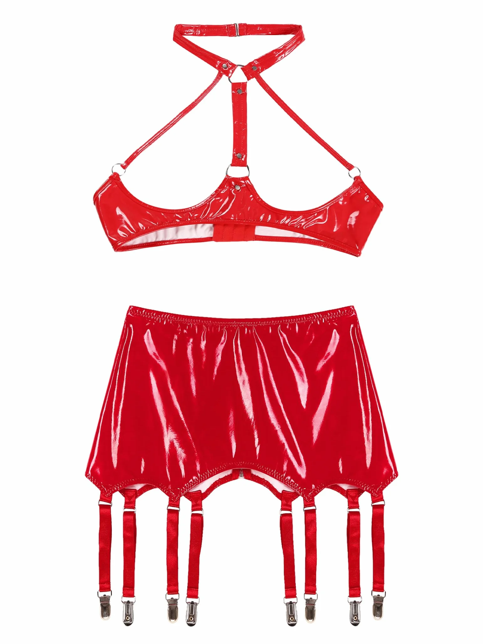Donna Wetlook Reggicalze Set Lingerie Pelle Aperto Reggiseno Push Up Gonna Lacca Intimo PVC