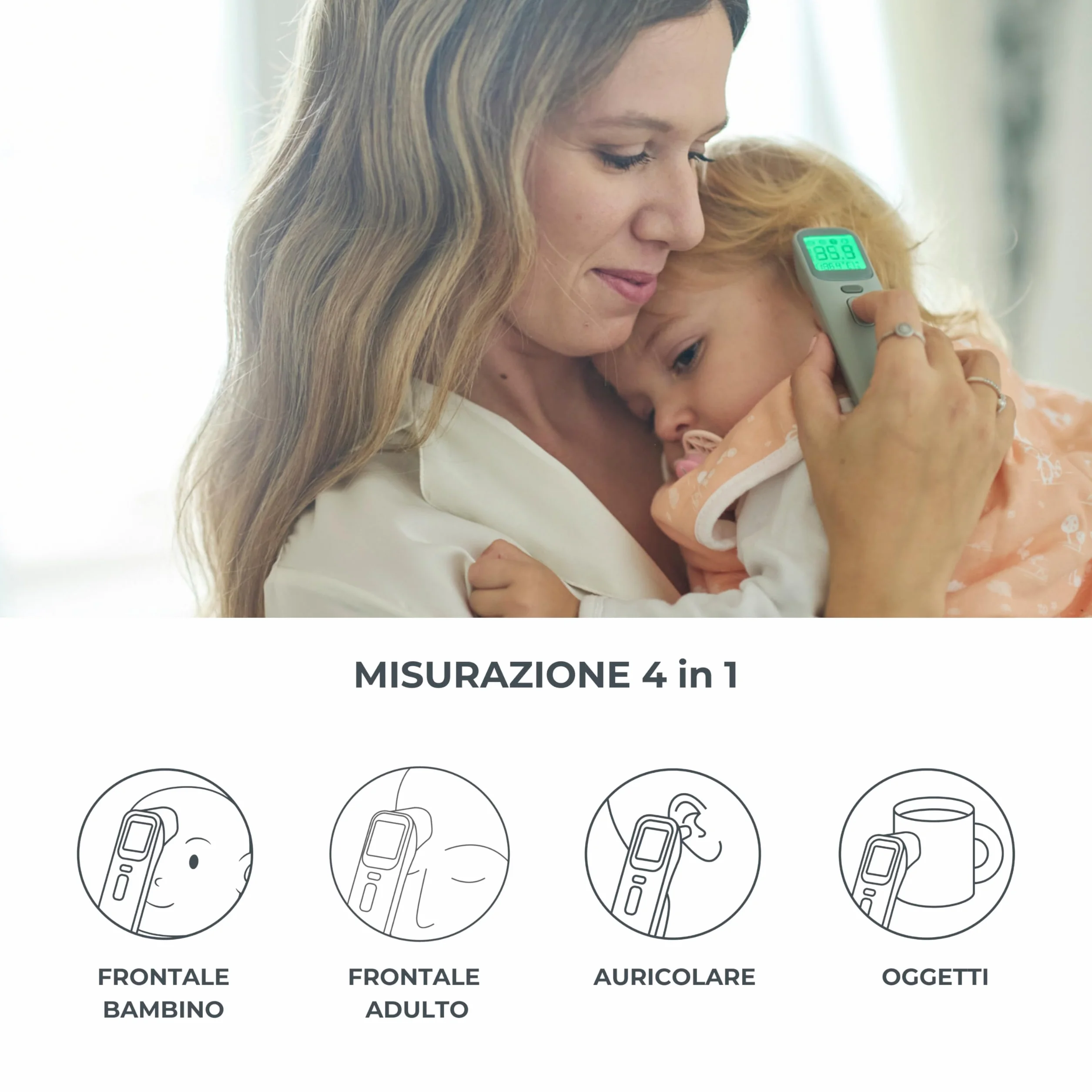 Nuvita 2075 Termometro Digitale Frontale e Auricolare 1 Secondo 4 Modalità Memoria Allarmi