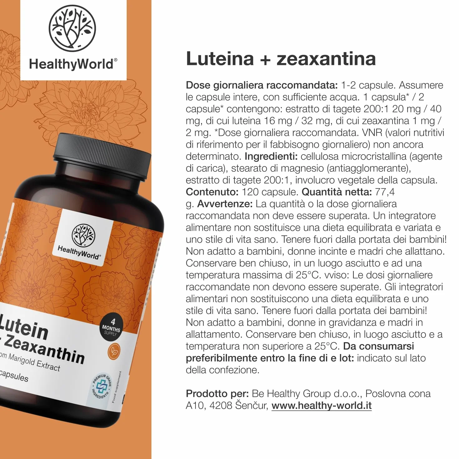 HealthyWorld® Luteina + Zeaxantina 120 Capsule Vegetali 32 mg Luteina 2 mg Zeaxantina Supporto Vista Occhi
