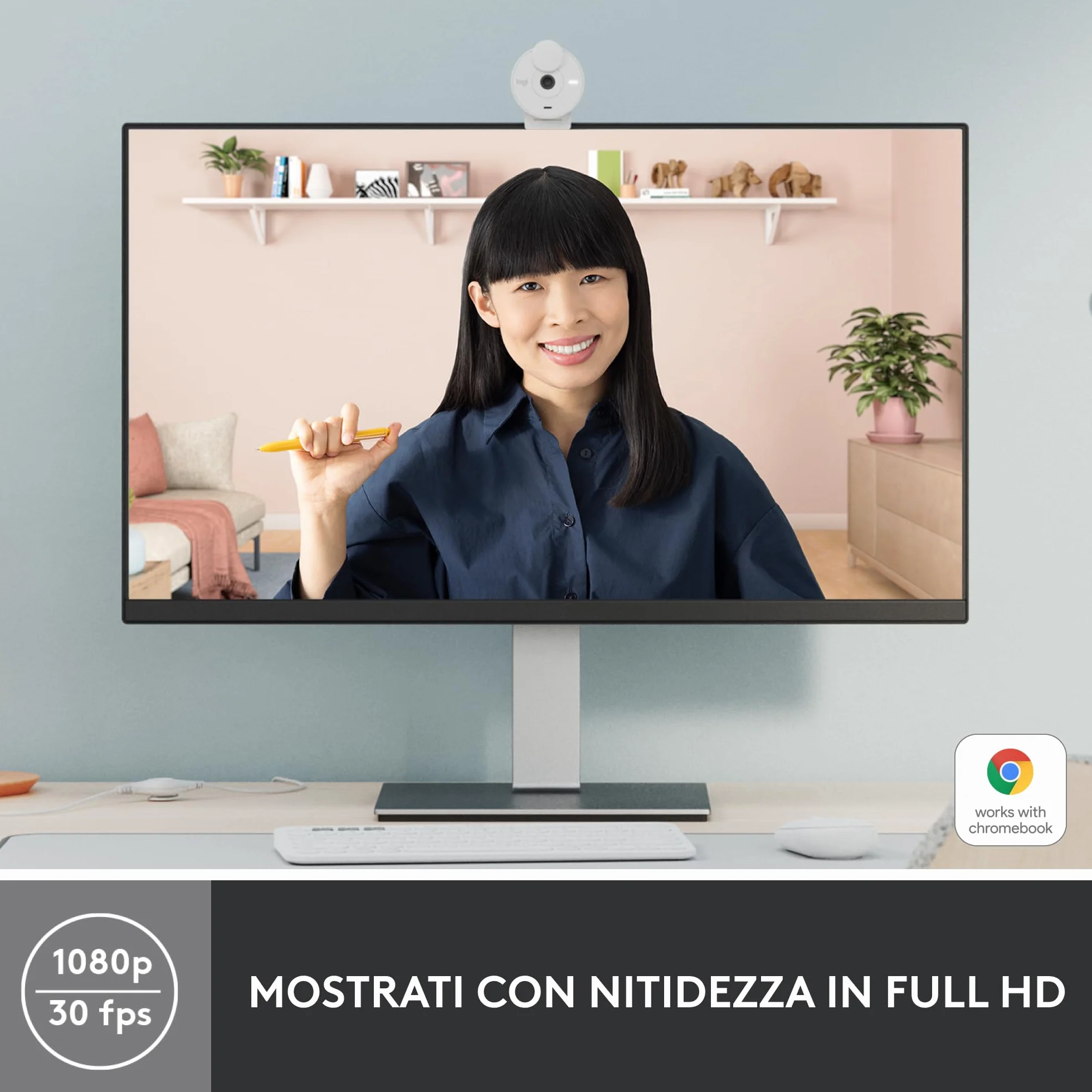 Logitech Brio 300 Webcam Full HD con Otturatore Privacy, Mic Riduzione Rumore, USB-C, Streaming, Bianco