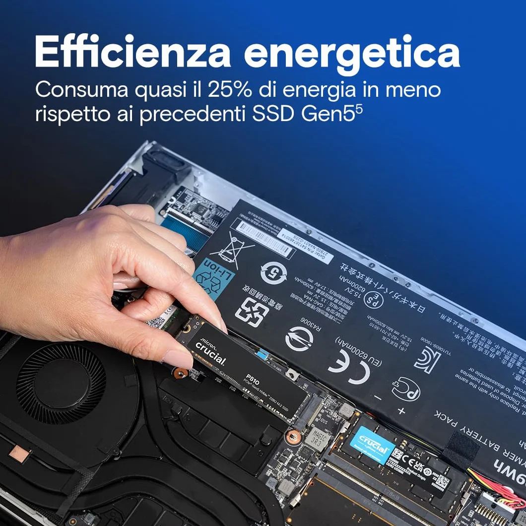 Crucial P510 SSD 2TB PCIe 5.0 x4 Gen5 NVMe M.2 , Velocità fino a 10.000 MB/s, Lettura, 8.700 MB/s in Scrittura, Compatibile con Notebook e PC Desktop, TLC NAND, Hard Disk Interno - CT2000P510SSD8-01