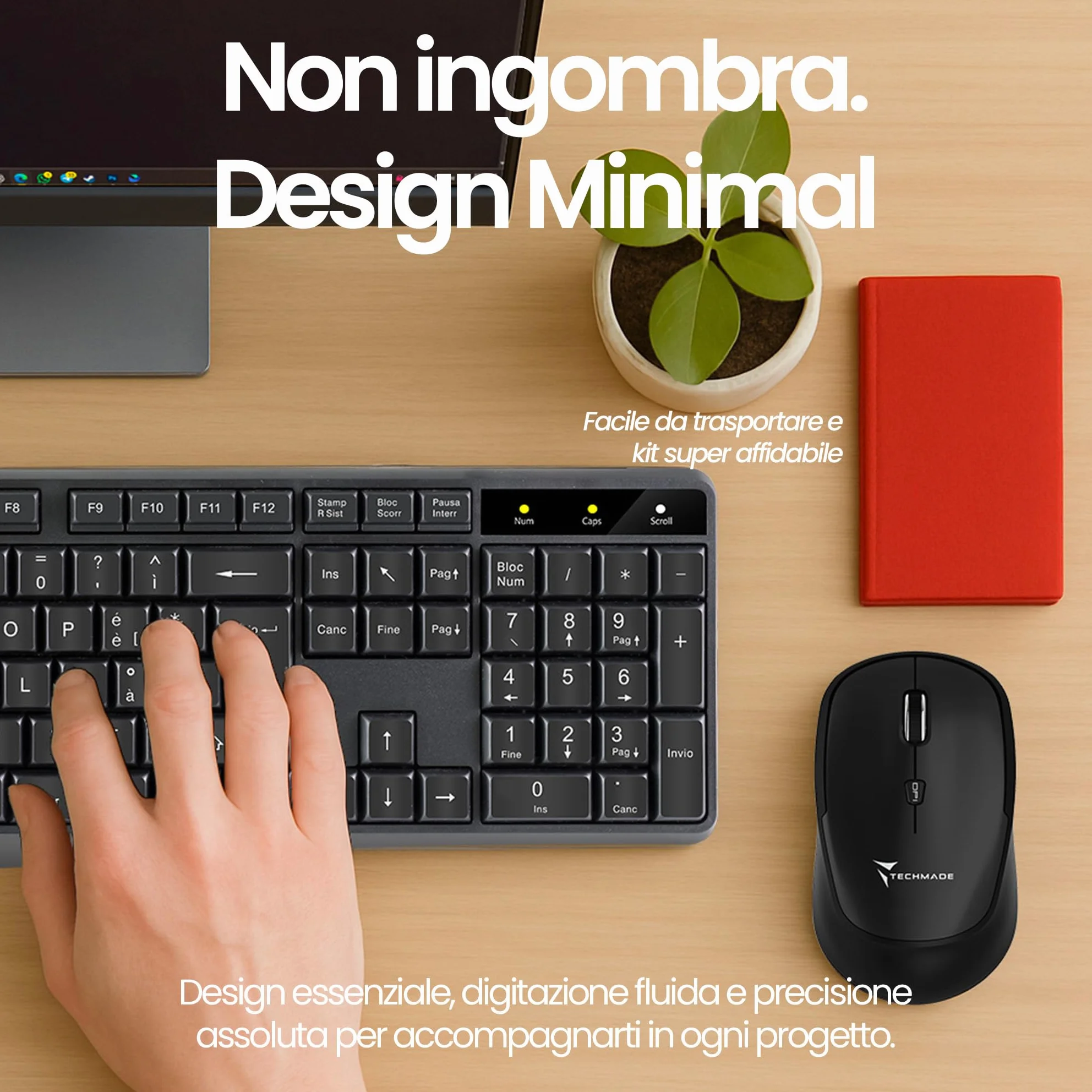 Techmade KM001 Kit Combo Tastiera e Mouse Wireless per Windows e Mac | Mouse Wireless | Tastiera Dimensioni Standard | Tastierino | Ricevitore USB Unico per PC e Laptop | Layout Italiano QWERTY