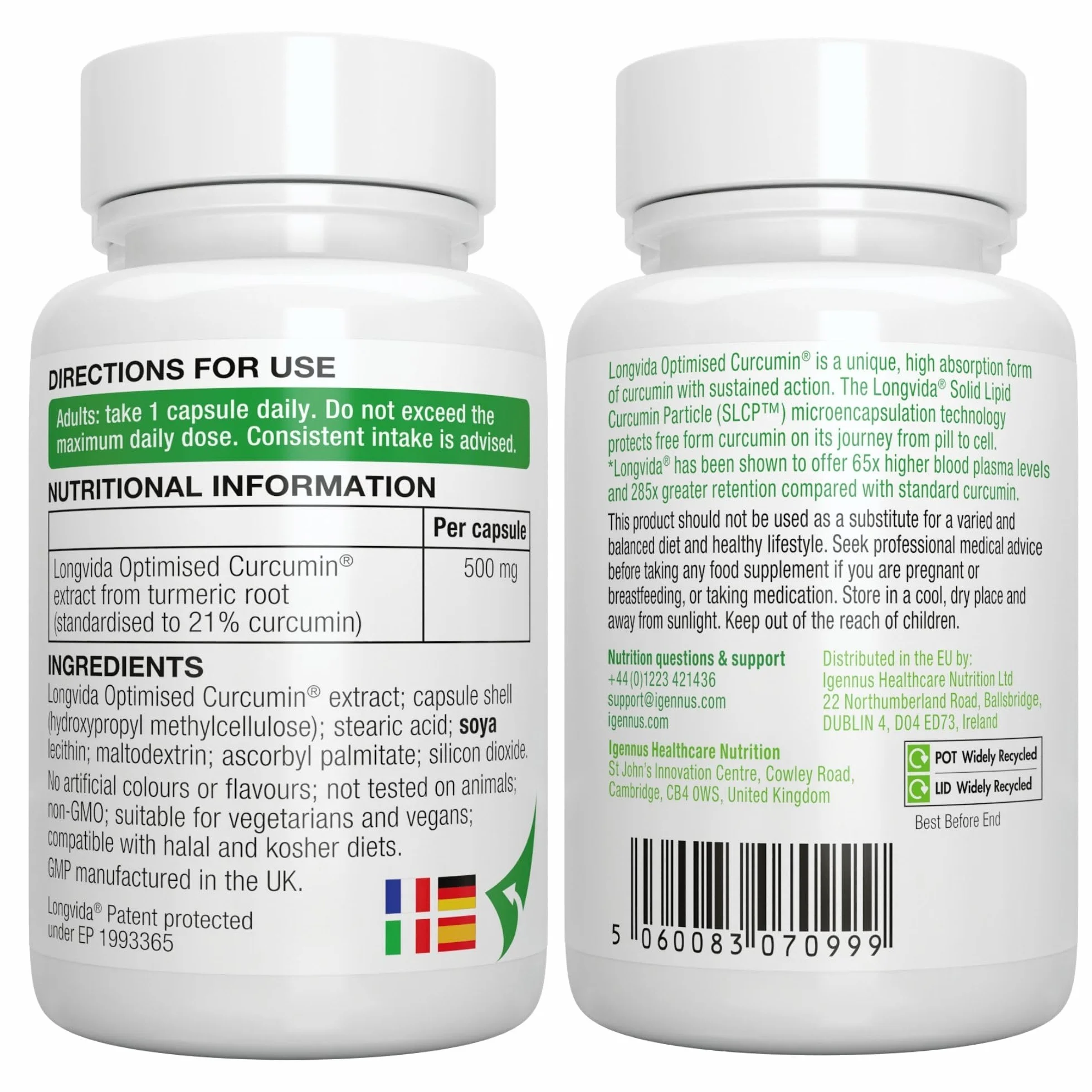 Longvida Curcumina 500mg, 30 Capsule Vegane, Supporto per Cervello, Mood e Articolazioni