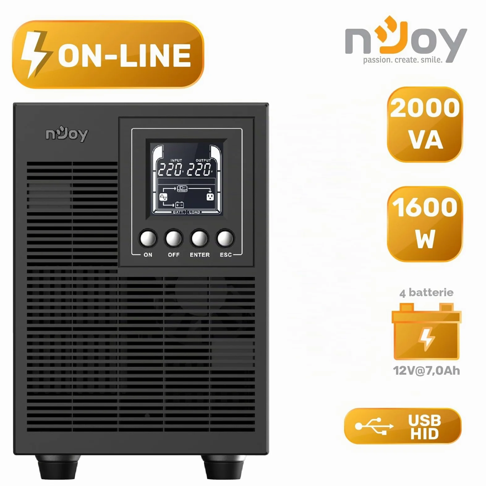NJOY Echo Pro 2000 Gruppo di Continuità 2000VA 1600 Watt, Doppia Conversione On-Line Onda Sinusoidale Pura, 4 Uscite Schuko, USB, RS232, EPO, Slot SNMP, 4 Batterie 12V-7Ah - Garanzia 3 Anni