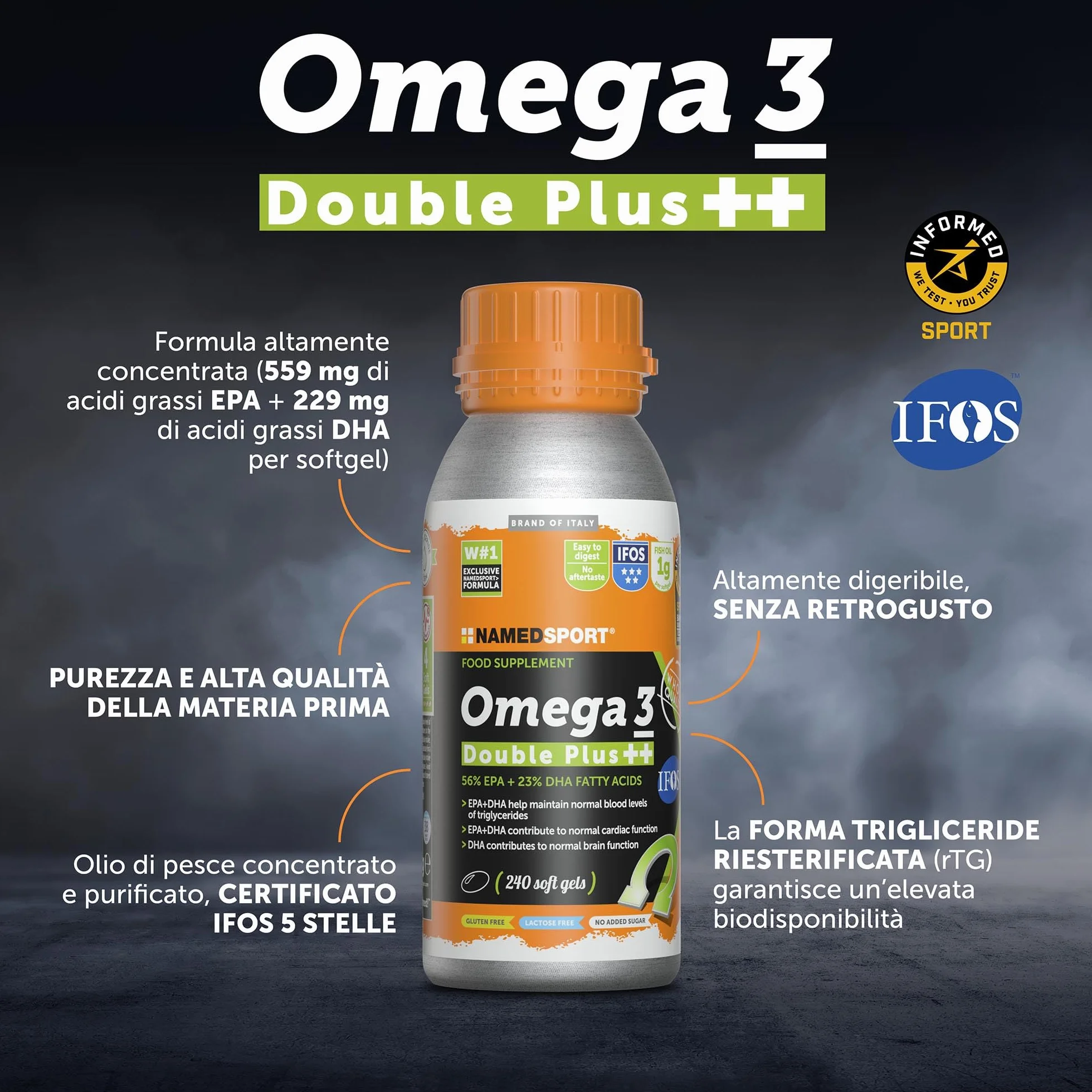 NAMEDSPORT SUPERFOOD Omega 3 Double Plus Integratori Omega 3 Alta Concentrazione EPA+DHA Olio di Pesce Purificato 240 Softgels