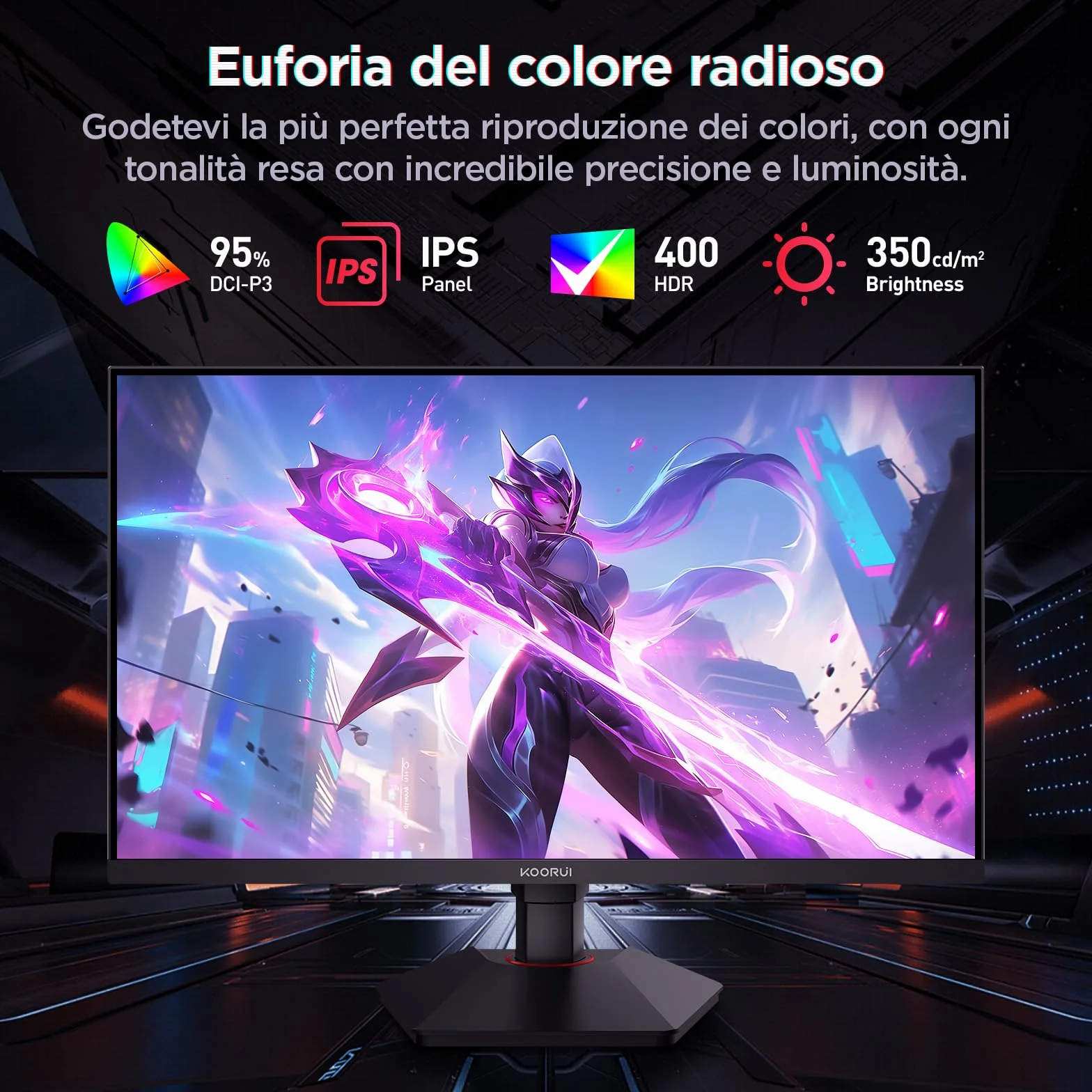 KOORUI G2722P Monitor Gaming 27 Pollici, QHD 200Hz, 1ms, HDR400, Fast IPS, Adaptive Sync, VESA 75x75mm, regolazione ergonomica