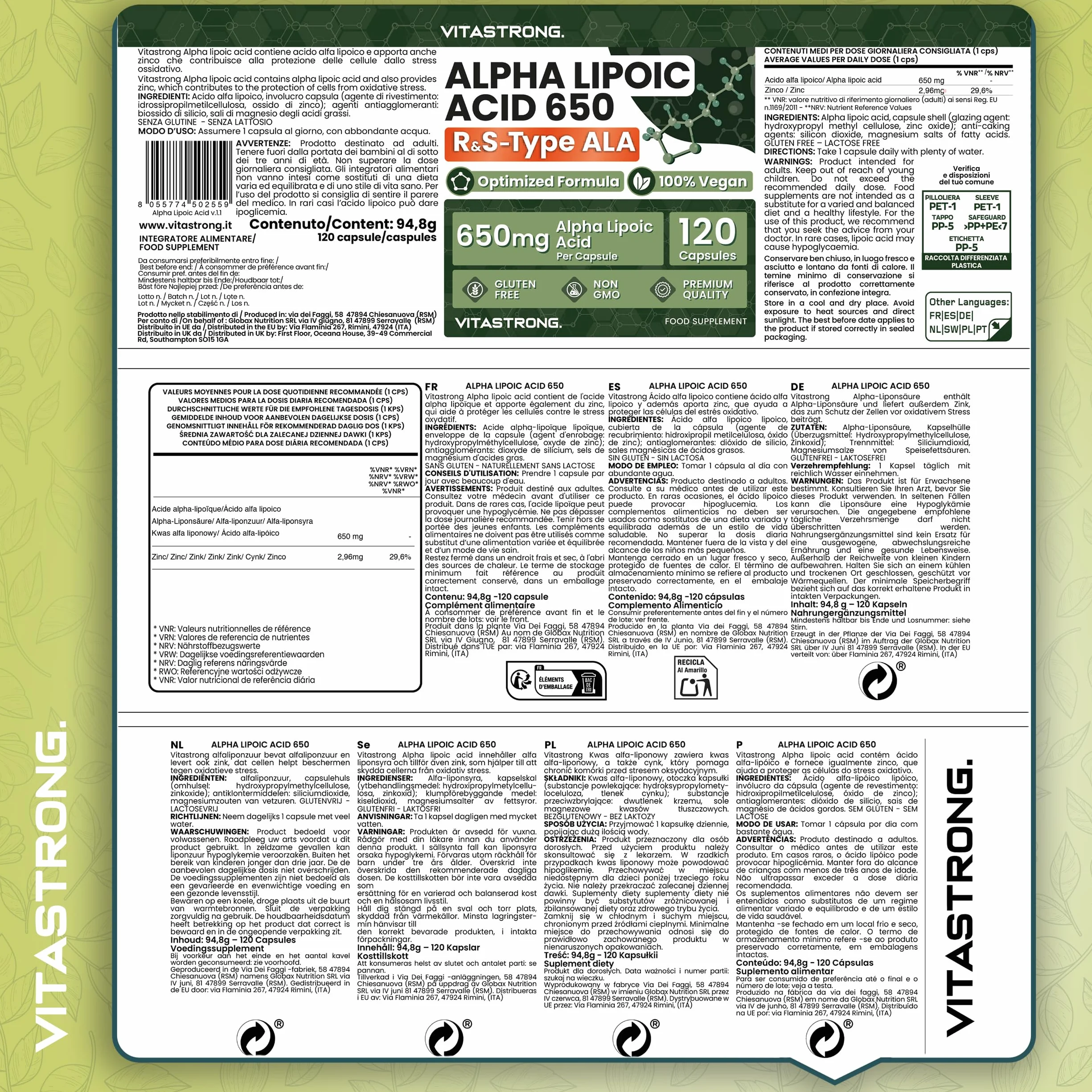 Vitastrong Acido Alfa Lipoico 650mg 120 Capsule Integratore Vegano Senza Glutine