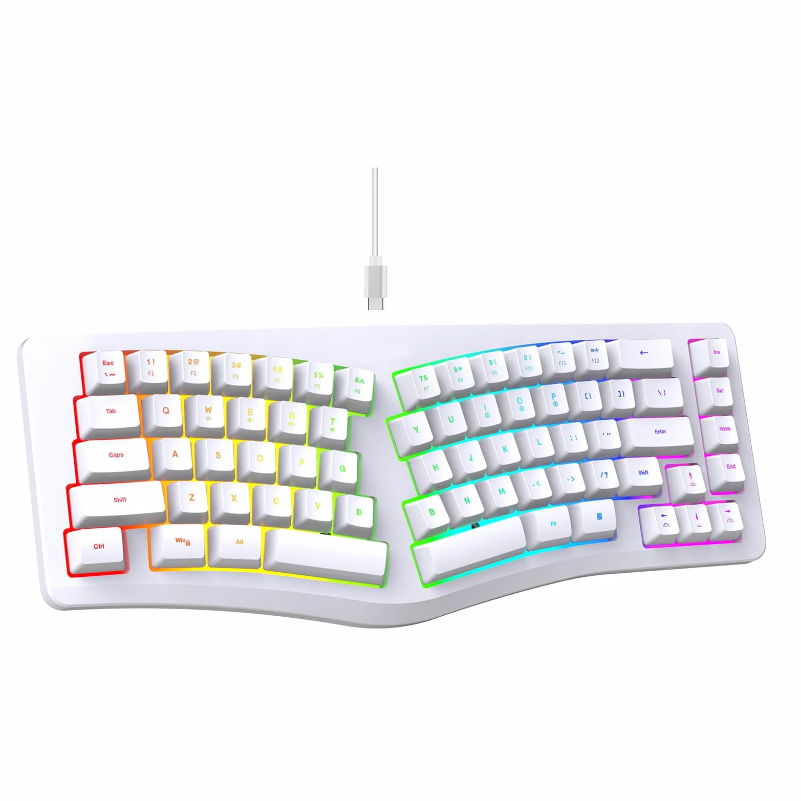 Annadue Tastiera ergonomica divisa a 69 tasti, 18 modalità RGB, USB C staccabile, tasti silenziosi, tastiera compatta cablata per/per Linux (ufficio/gioco/casa) (bianco)