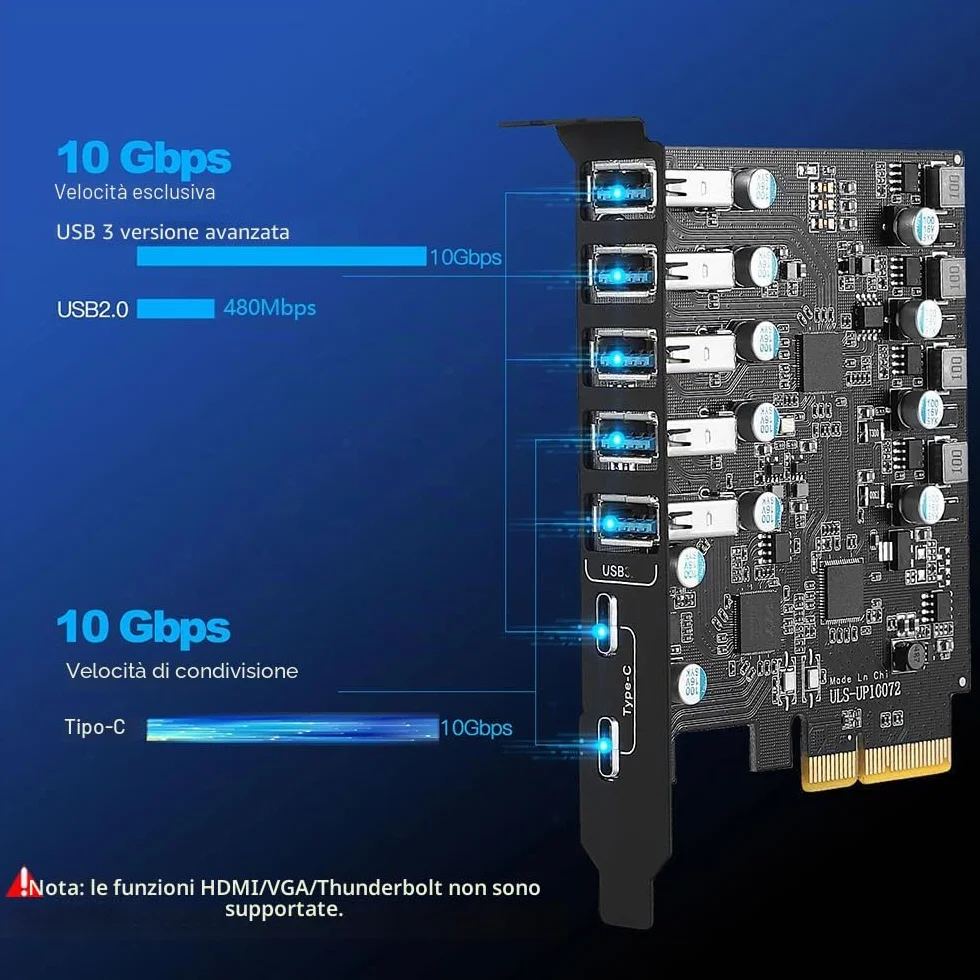 Scheda PCIe USB 3.2/3.1 Gen 2 10Gbps larghezza di banda 7 porte (2X USB-C - 5 Tipo A) Scheda di espansione PC Card Hub Porta Interna per Windows 10/8/7 e Mac OS 4.1/5.1 e Sopra