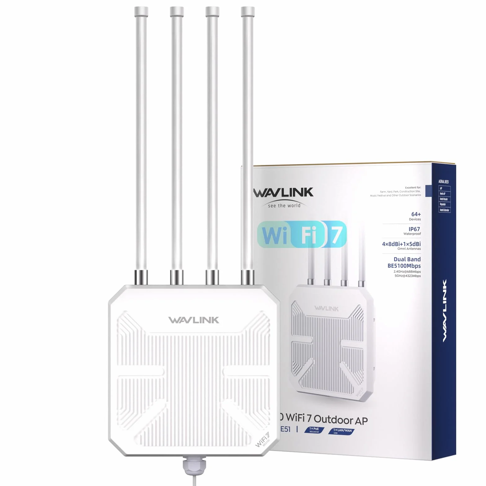 Router WiFi 7 WAVLINK Esterno BE5100 Mesh, Ripetitore, Punto di Accesso, IP67 Impermeabile, ESD 15KV, Protezione Fulmini 4KV, PoE Attivo/Passivo, Antenne 8dBi, Lunga Portata per Aree Rurali e Imprese
