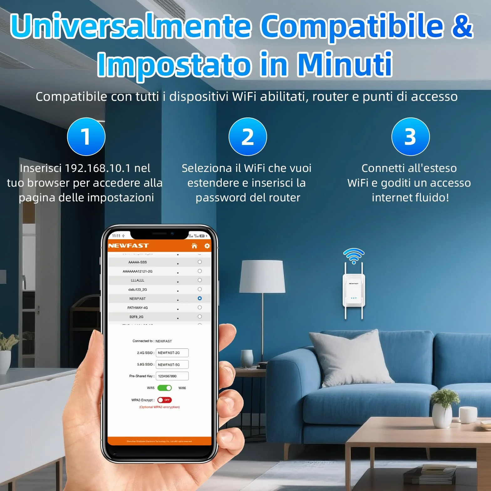 NEWFAST 3000Mbps Ripetitore WiFi Potente per Casa, WiFi6 WiFi Extender Dual Band 2.4G/5GHz con 4 * 5dBi Antenne, Porta Gigabit Ethernet, WPS Funzione, Supporta Modalità Ripetitore/Router/AP