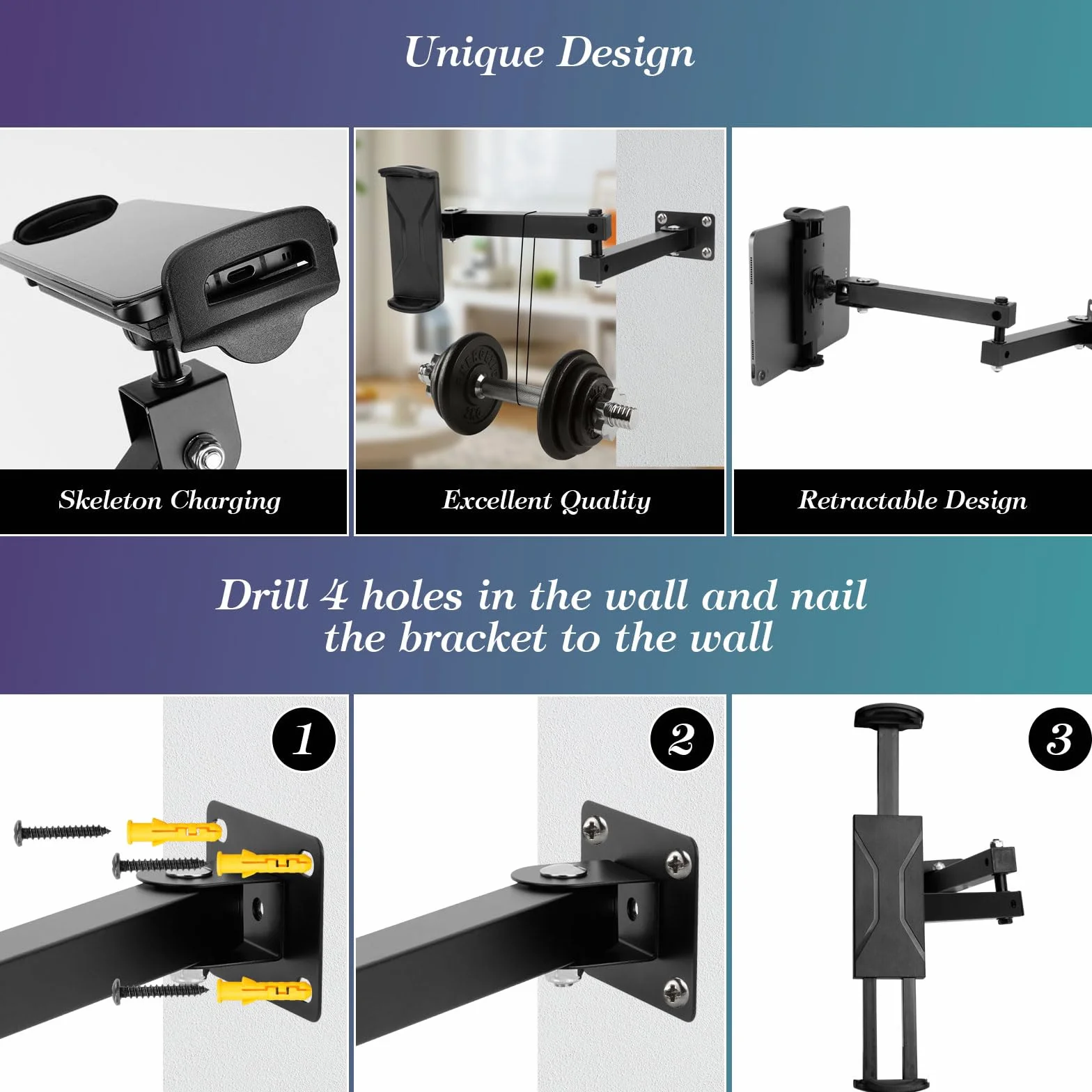 Dadabig Supporto da Parete per Tablet, Supporto Muro Tablet con Braccio Regolabile, Supporto Tablet Girevole a 360° Gradi per Tutti Smartphone e Tablet da 4-13 Pollici