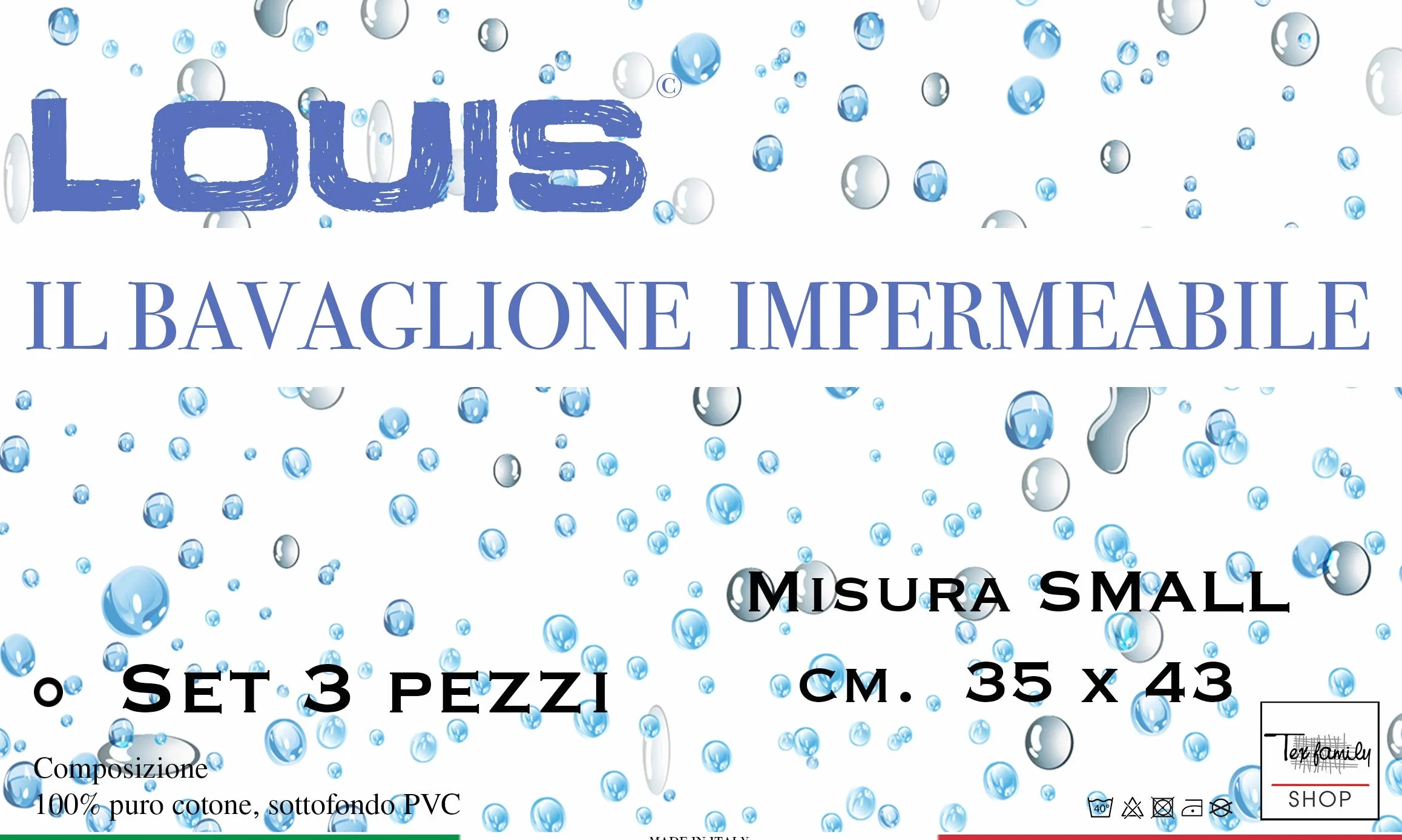 Bavaglio Adulto Impermeabile LOUIS con Lacci Antimacchia SMALL Set di 3