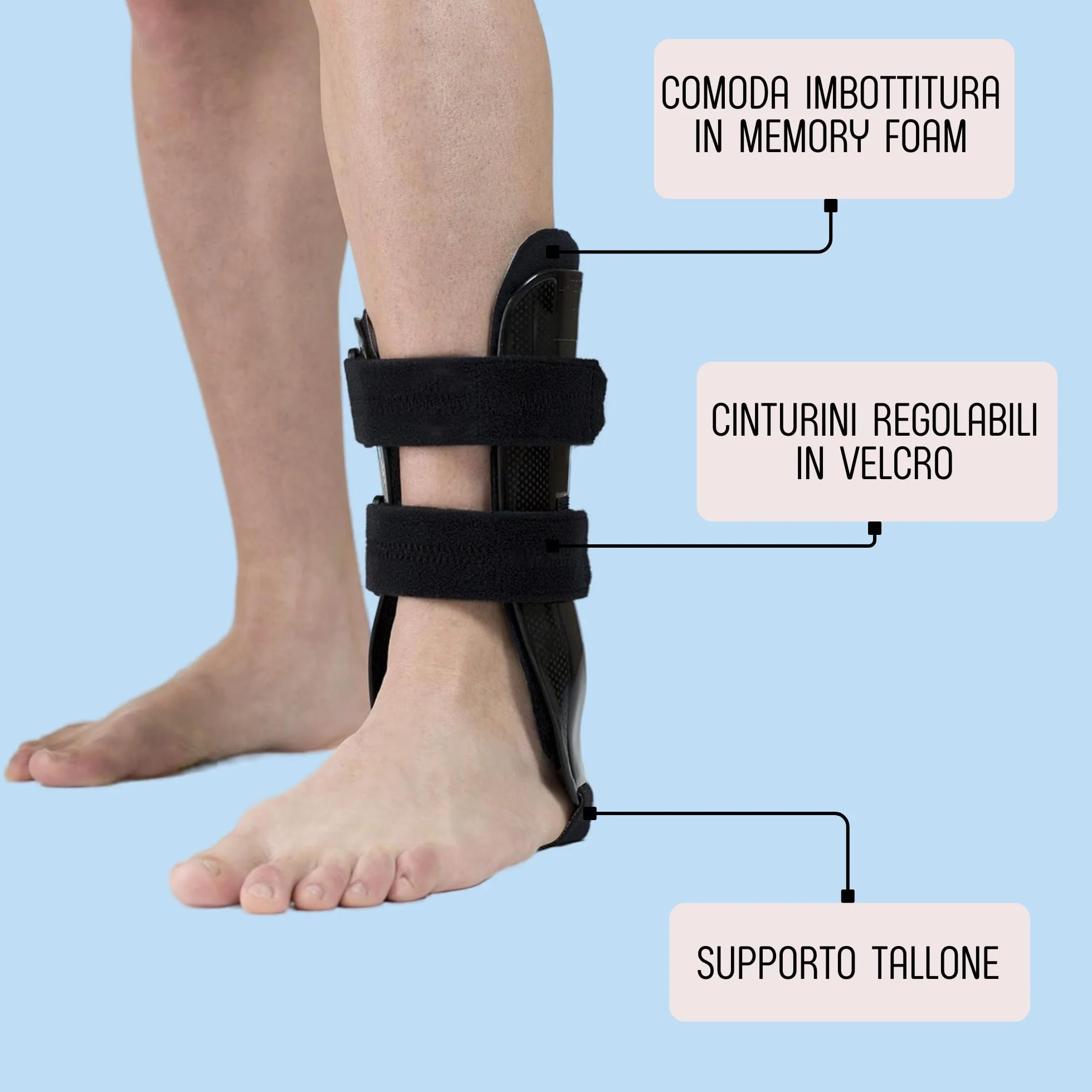 Cavigliera Bivalve Argos Made in Italy Regolabile Memory Foam Immobilizzazione Tibio-Tarsica Protezione Caviglia Sinistra Nero