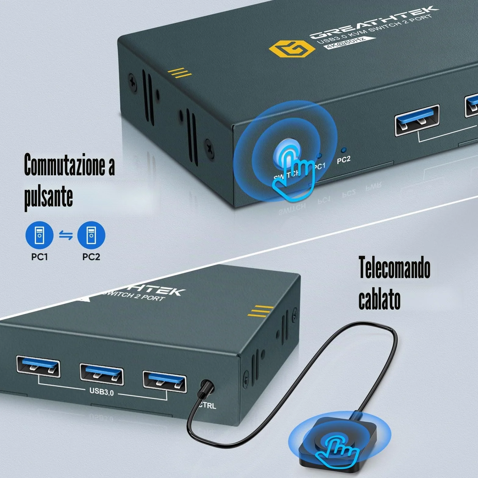 Interruttore KVM USB 3.0 HDMI 2 Porta 4K@60Hz, Interruttore KVM per 2 PC 1 - Monitor Con 3 porte USB3.0, HDMI2.0, HDCP2.2, supporto funzione EDID, inclusi 2 cavi USB 3.0