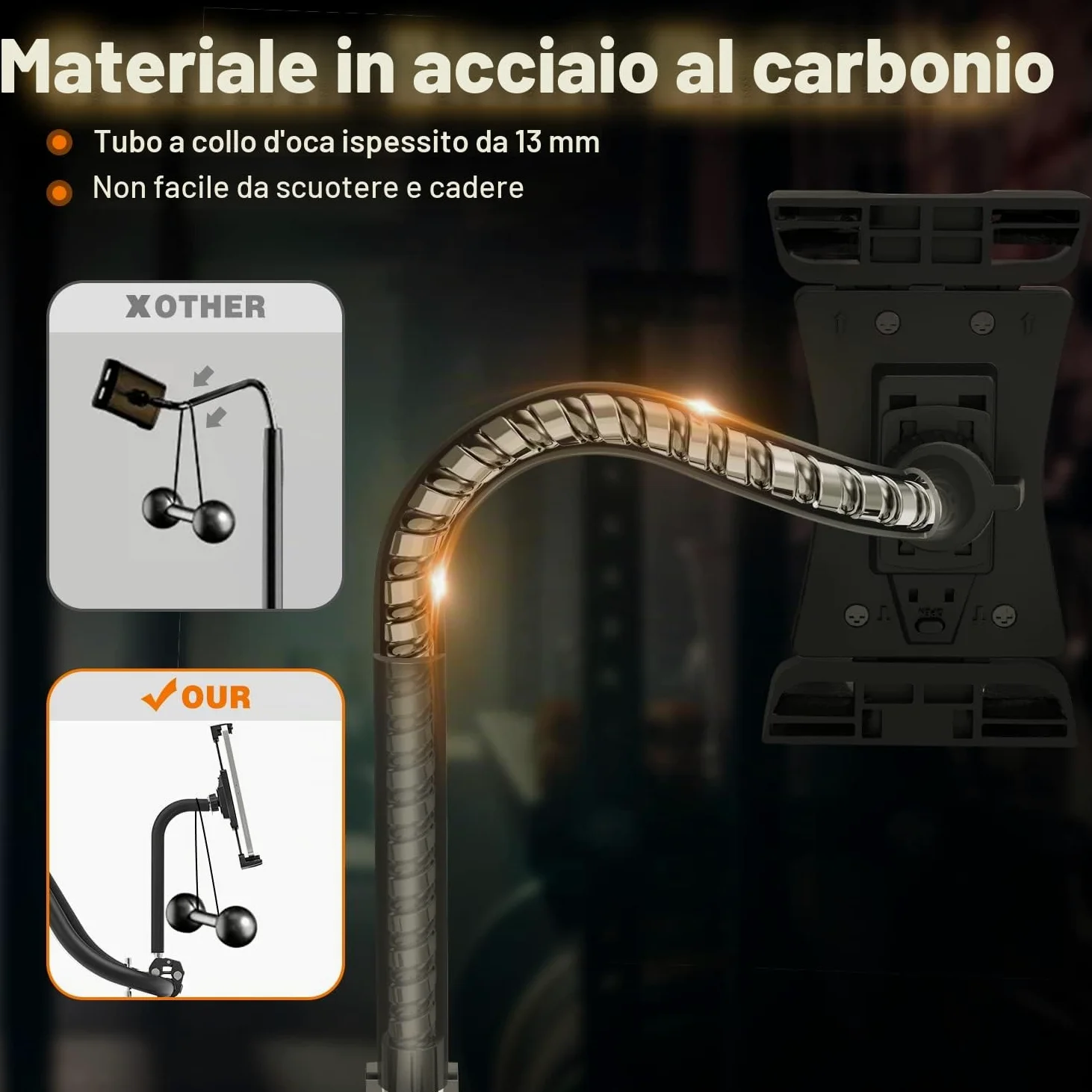 Tendak Supporto Tablet per Cyclette, Spinning e Bicicletta - Collo di Cigno Robusto e Flessibile per iPad, iPad Pro, Mini, Air e Altri Tablet 4.7-12.9"