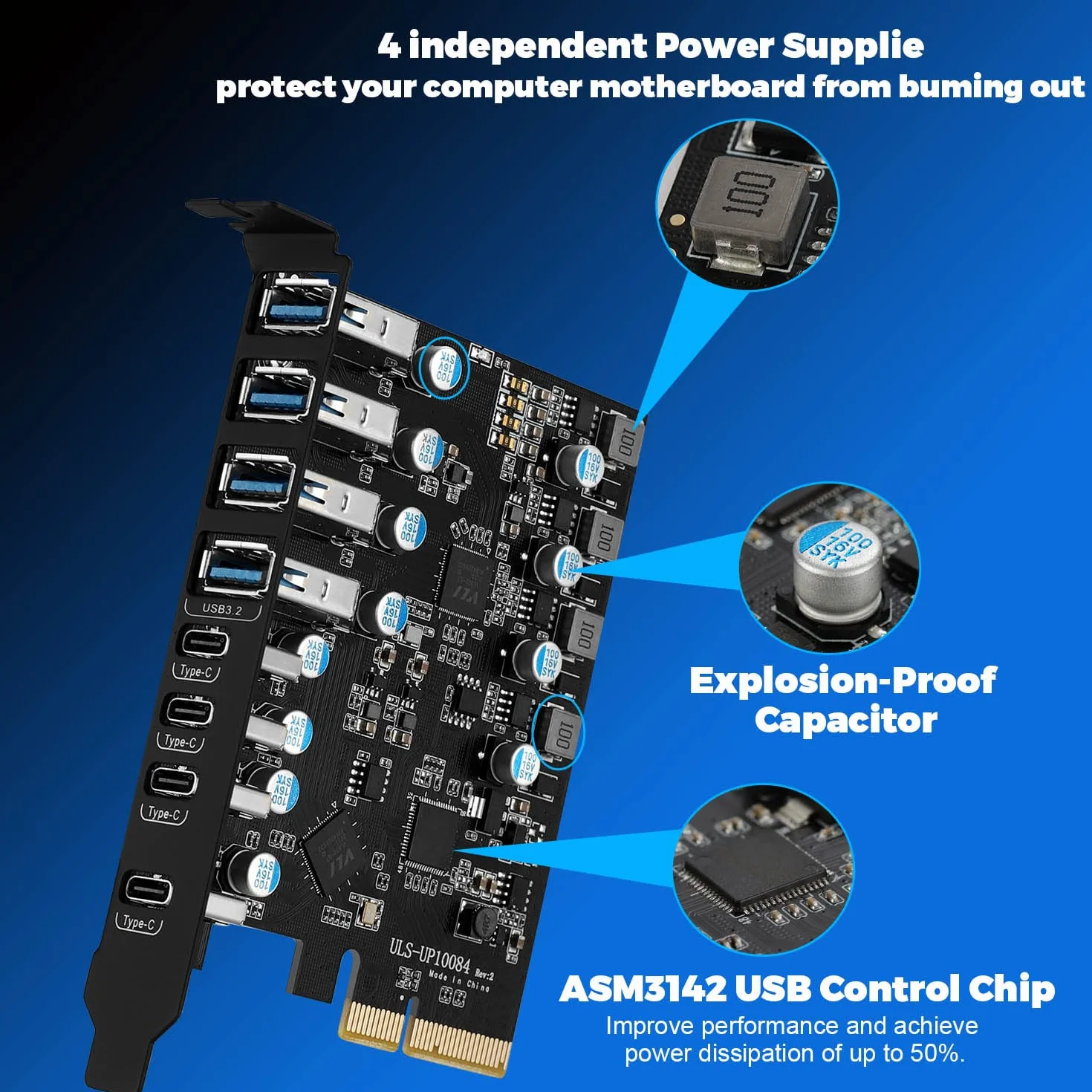 Scheda di Espansione USB 3.2 PCIe a 8 Porte, 10Gbps Scheda USB PCI Express Interna Hub Card per Windows 7/8/10 e Mac OS