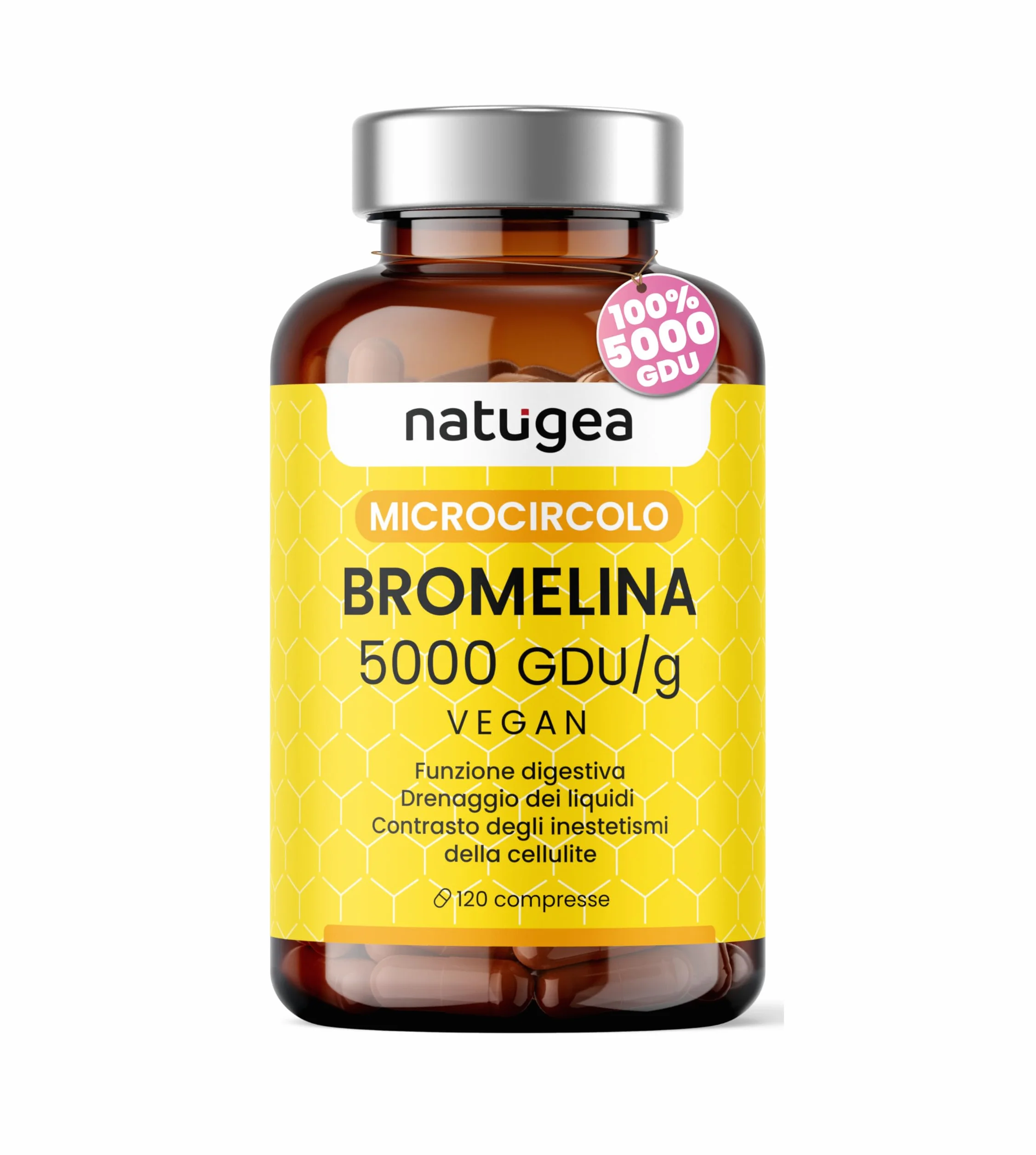 Natugea Bromelina Forte Drenante 5000 GDU/g 10000 FIP 120 Compresse Vegana Detox Anticellulite