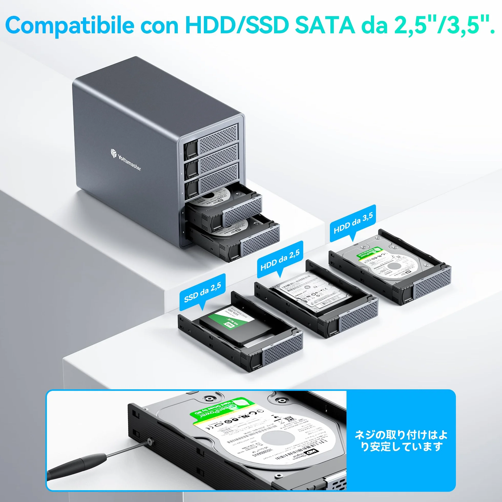 Yottamaster 10Gbps 5 Bay HDD Case Esterno Daisy Chain Type-C per 2.5/3.5 HDD SSD Supporto 24TB